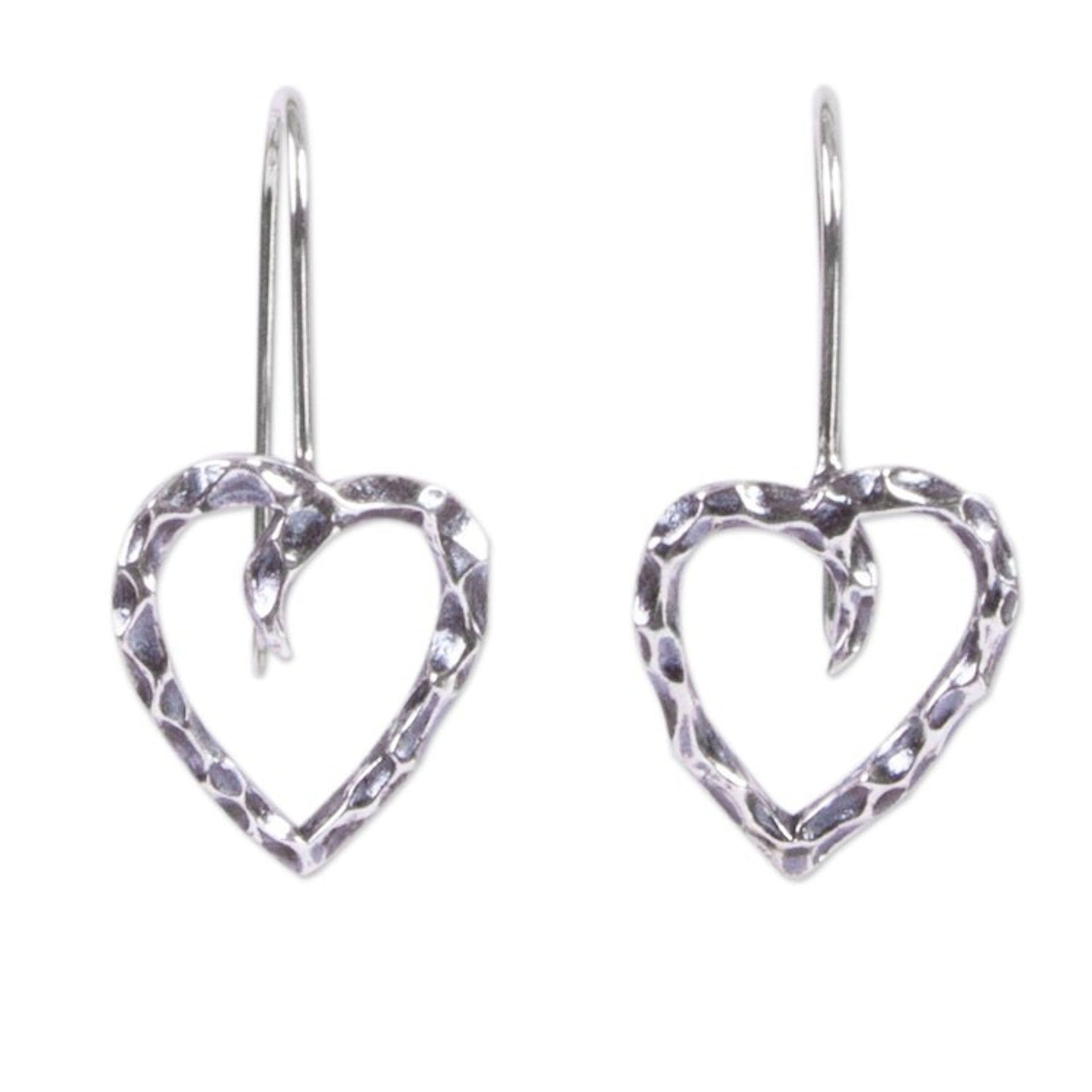 925 Sterling Silver Hammered Heart Drop Earrings from Mexico 'Love of My Soul'