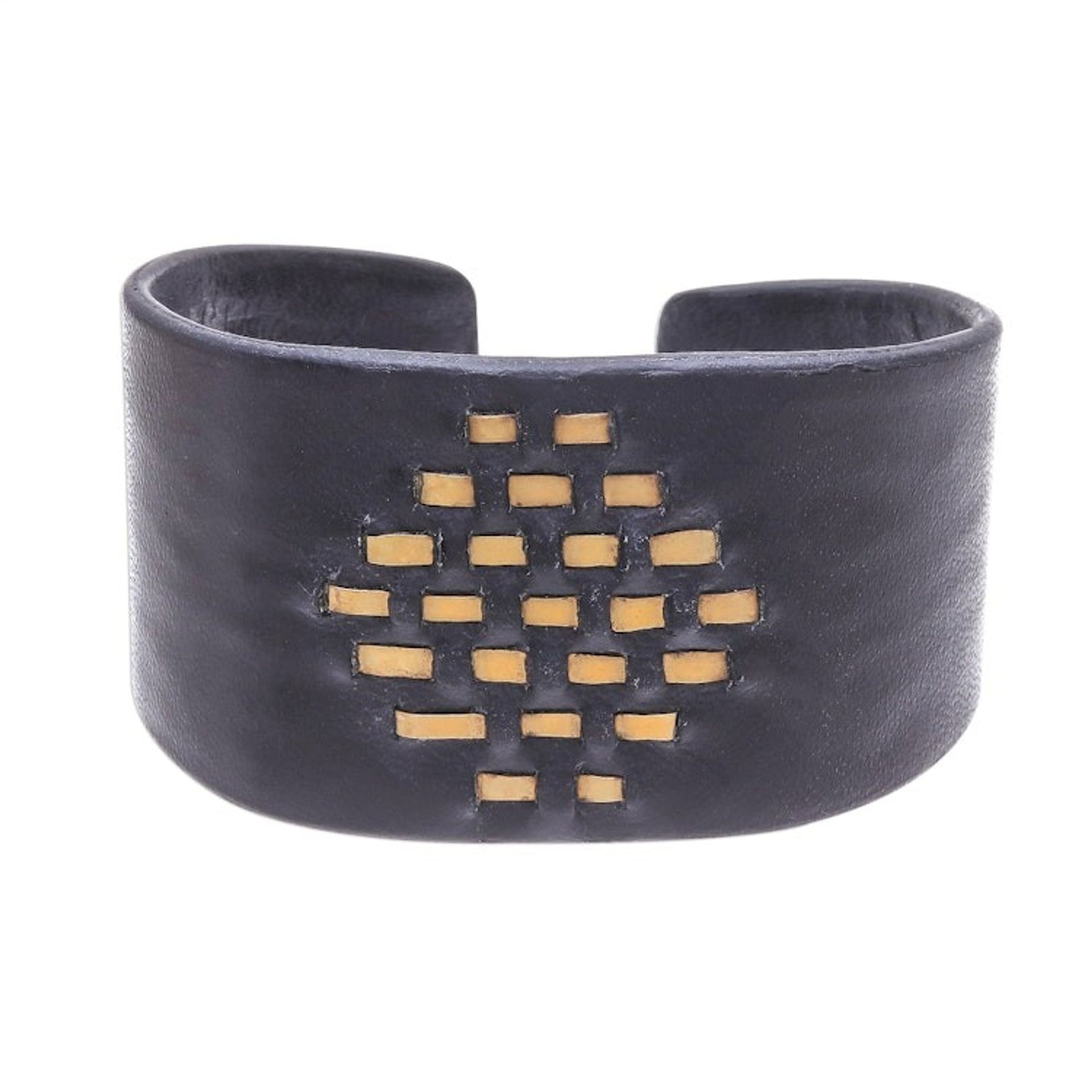Diamond Pattern Leather and Brass Cuff Bracelet 'Diamond Pagoda'