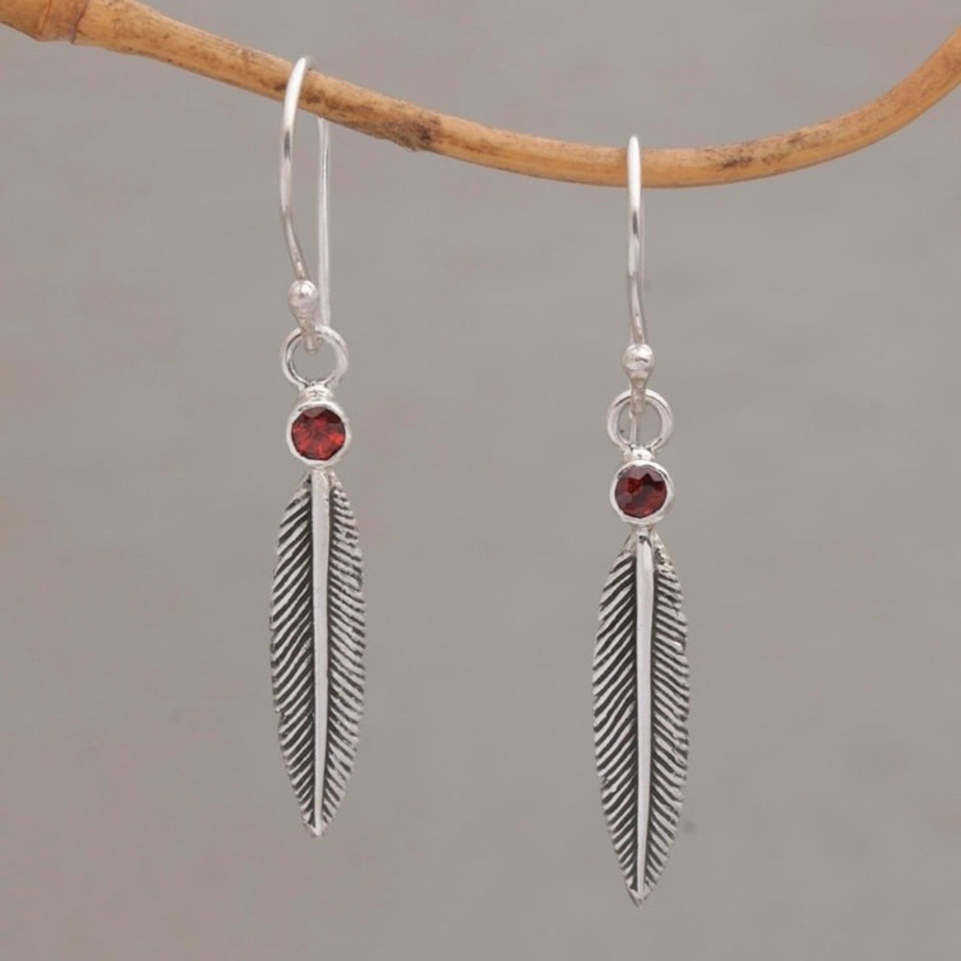 Garnet Feather-Shaped Dangle Earrings from Bali 'Phoenix Feathers'