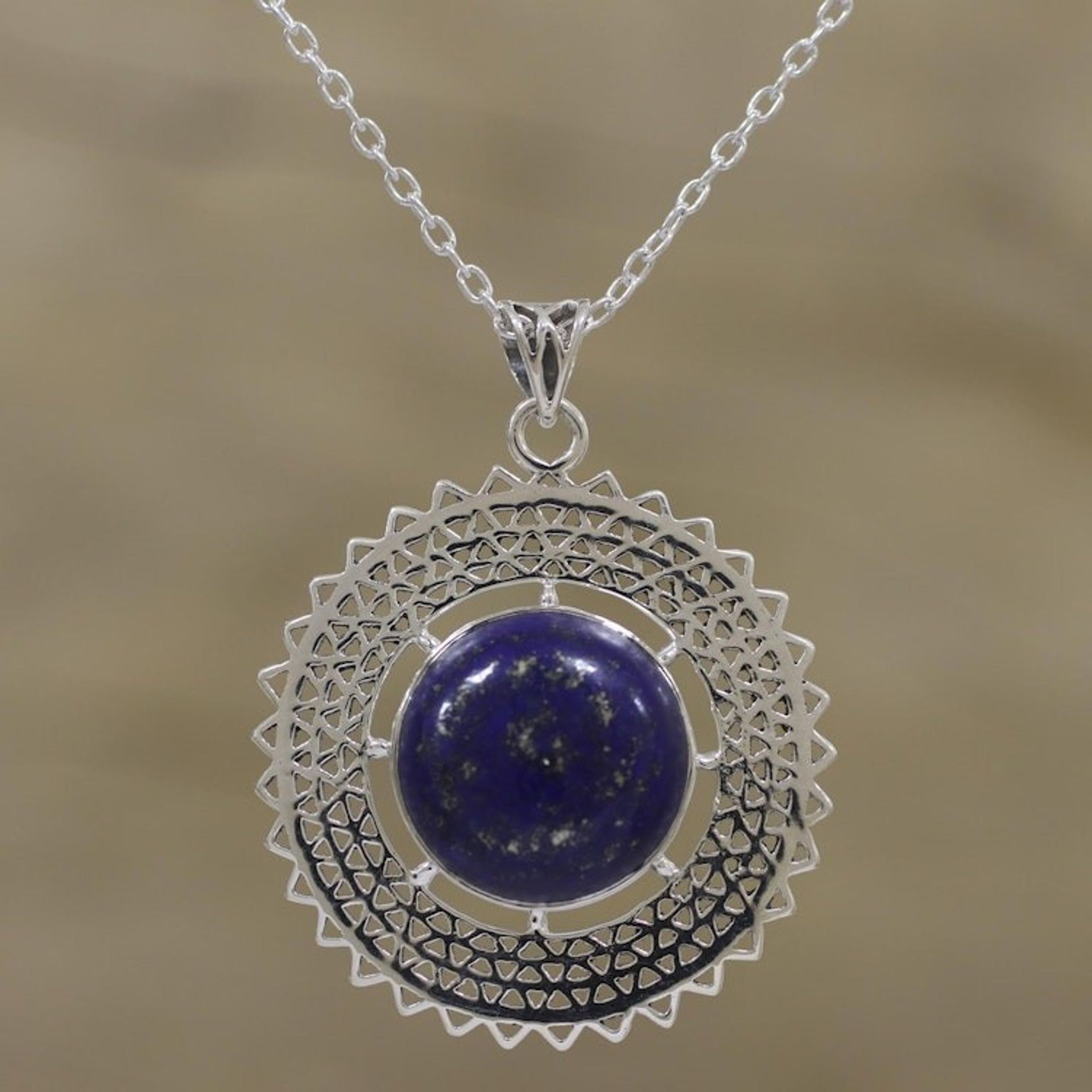 Lapis Lazuli and Sterling Silver Necklace from India 'Triangular Sun Rays'