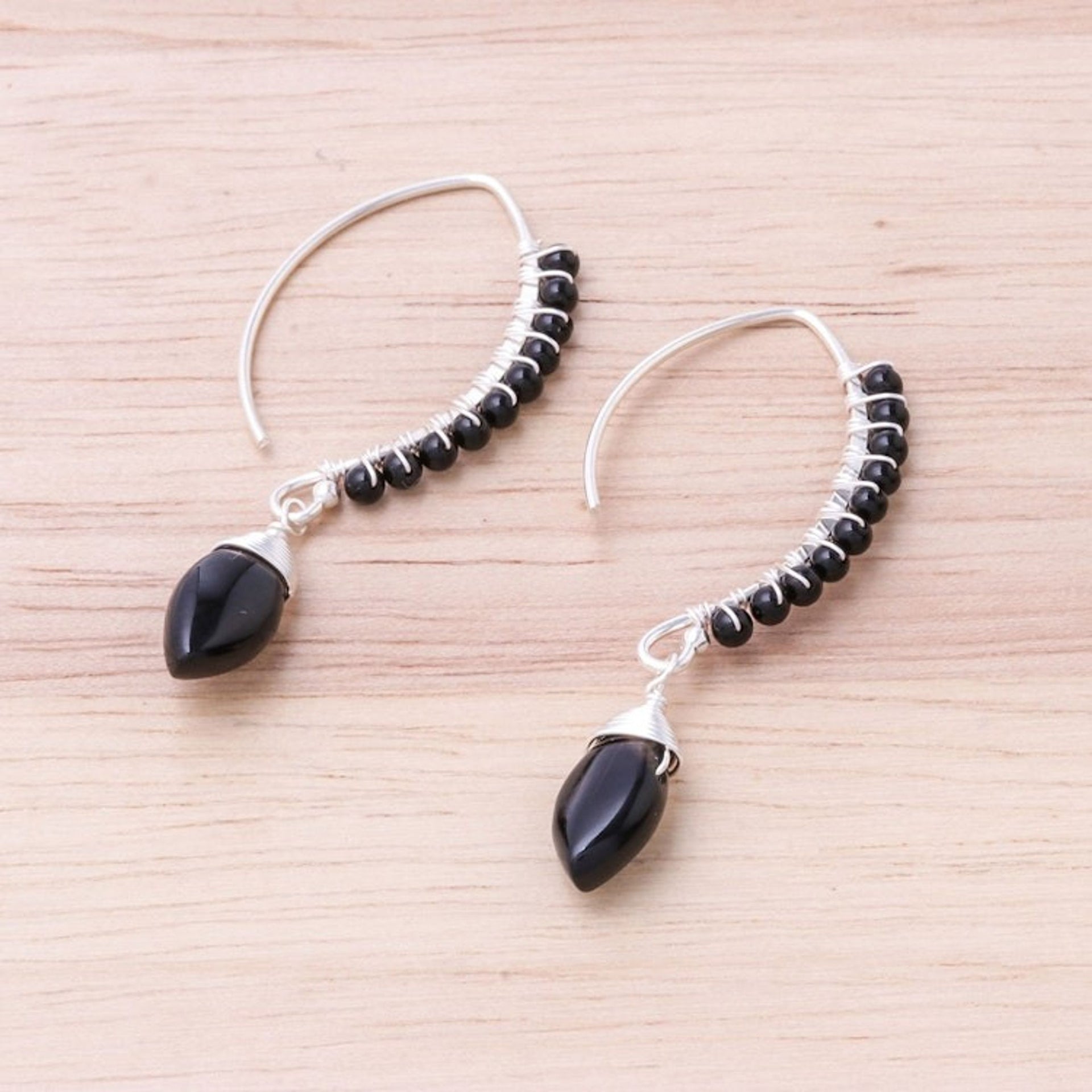 Dark Agate Beaded Dangle Earrings from Thailand 'Dark Elixir'