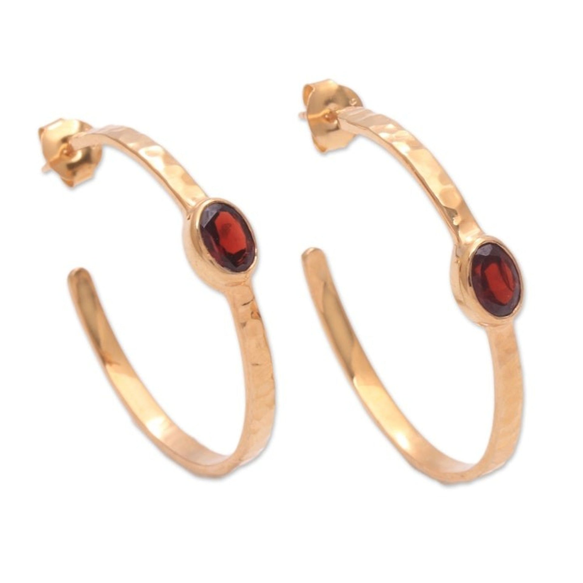 18k Gold Plated Garnet Hammered Half-Hoop Earrings 'Paradox'