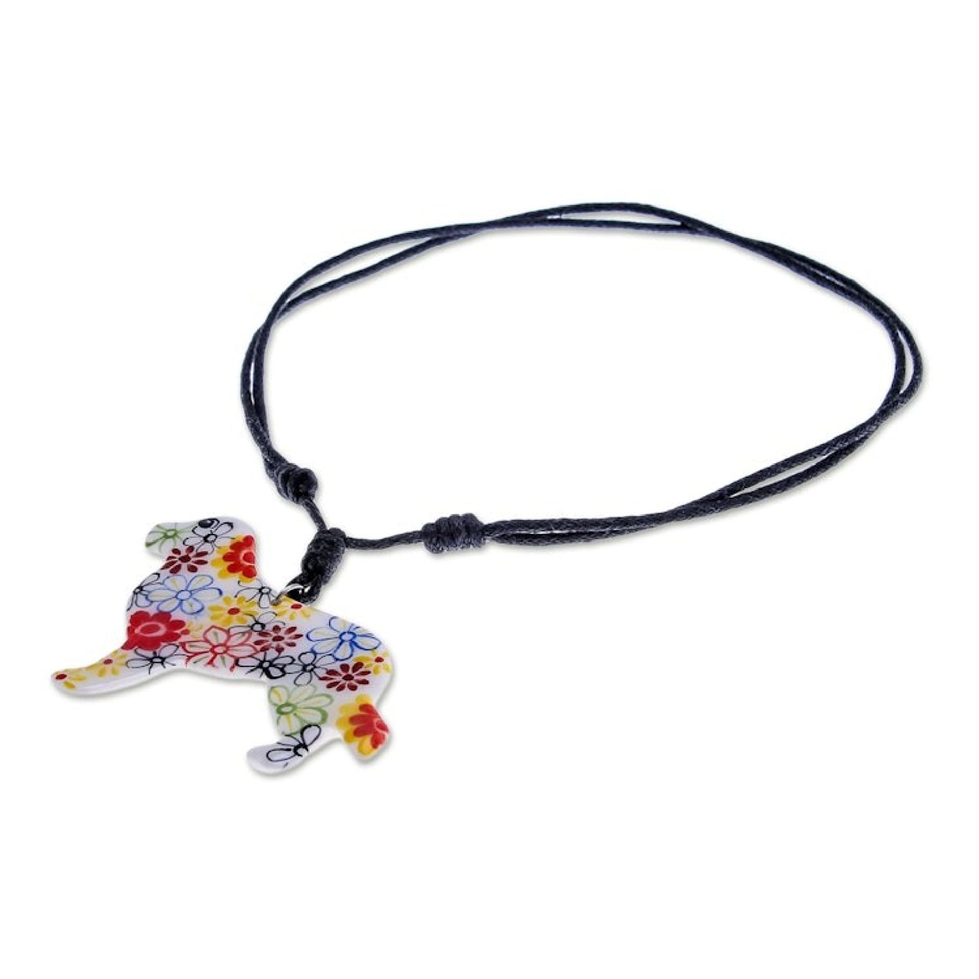 Ceramic Dog Pendant Necklace with Painted Floral Motifs 'Floral Dog'
