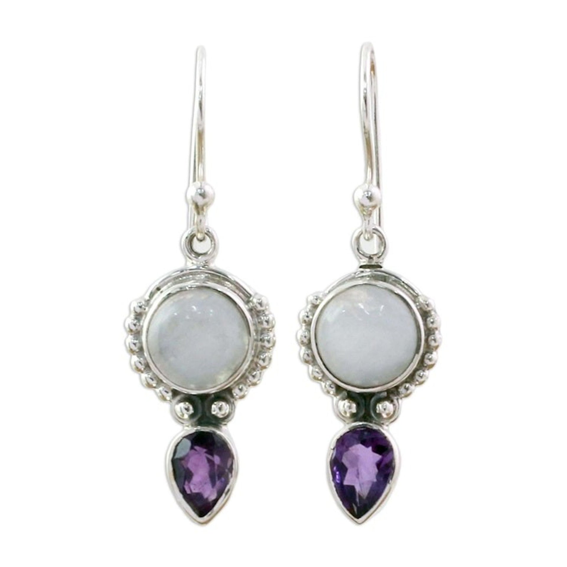 Amethyst Rainbow Moonstone Dangle Earrings from India 'Indian Rain'