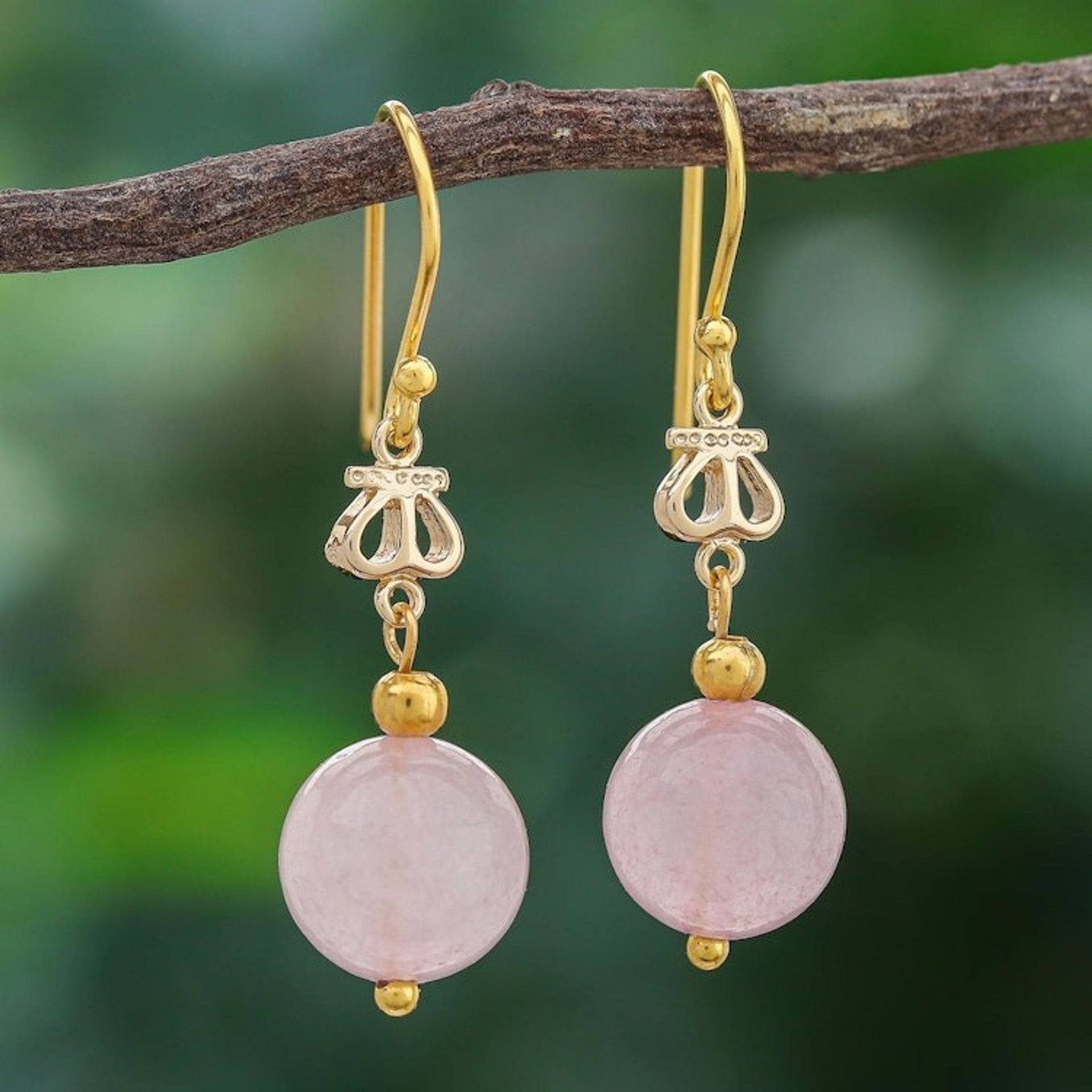 Gold-Plated Sterling Silver and Rose Quartz Dangle Earrings 'Sweet Throne'
