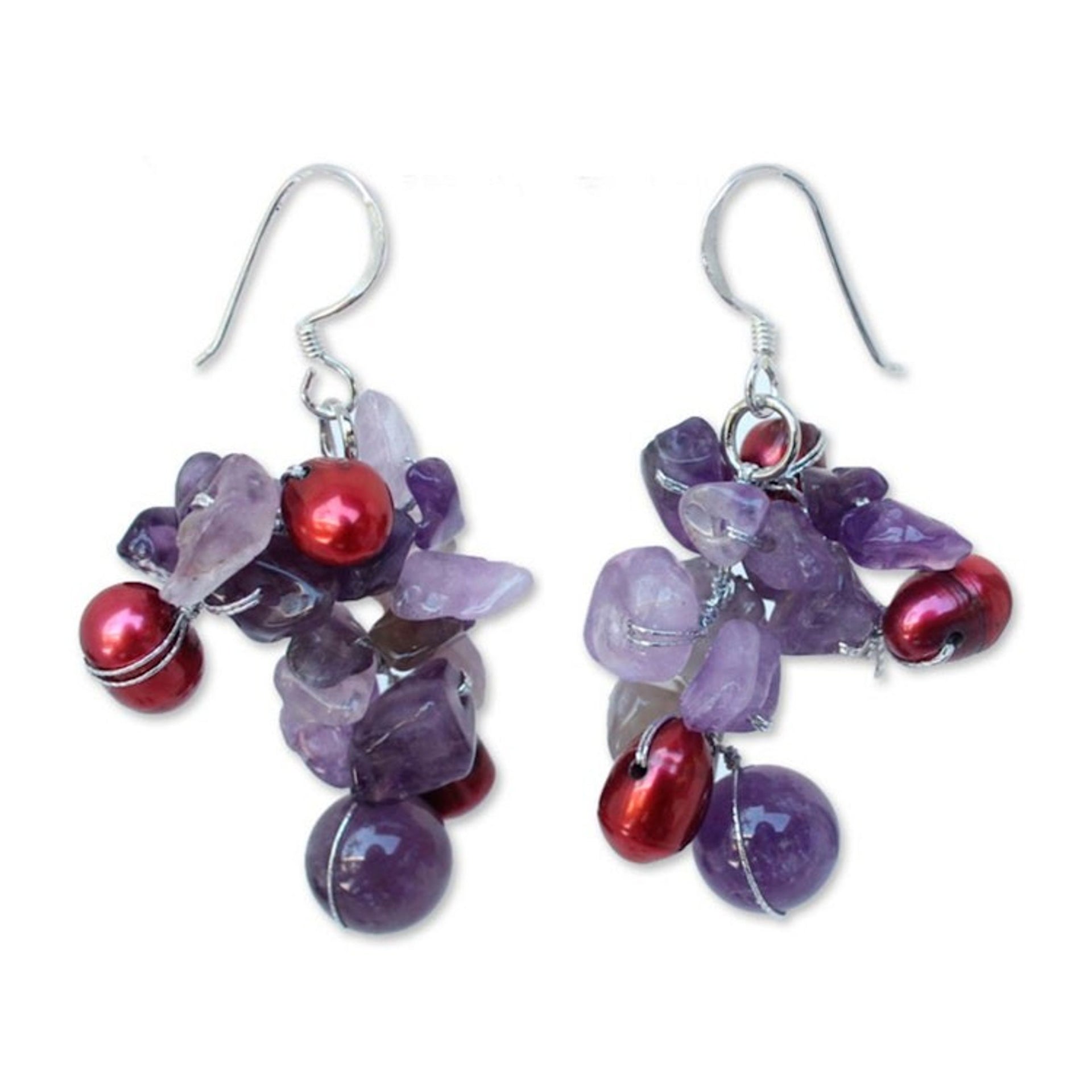 Fair Trade Amethyst and Pearl Cluster Earrings 'Jungle Orchid'
