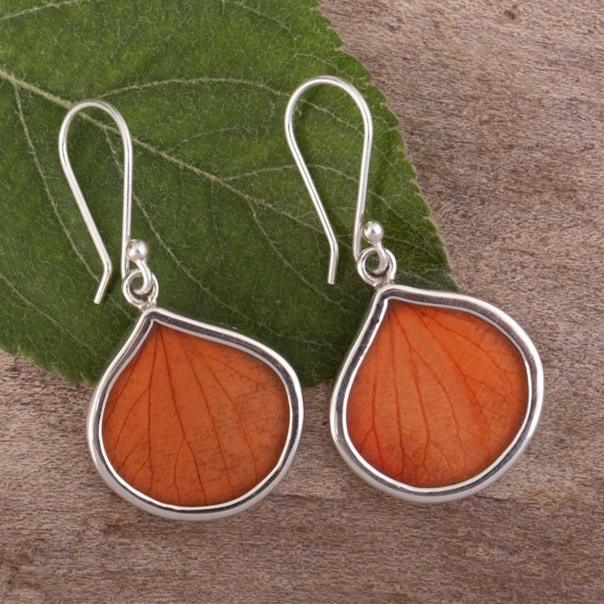 Sterling Silver and Orange Leaf Dangle Earrings from Peru 'Orange Hydrangea'