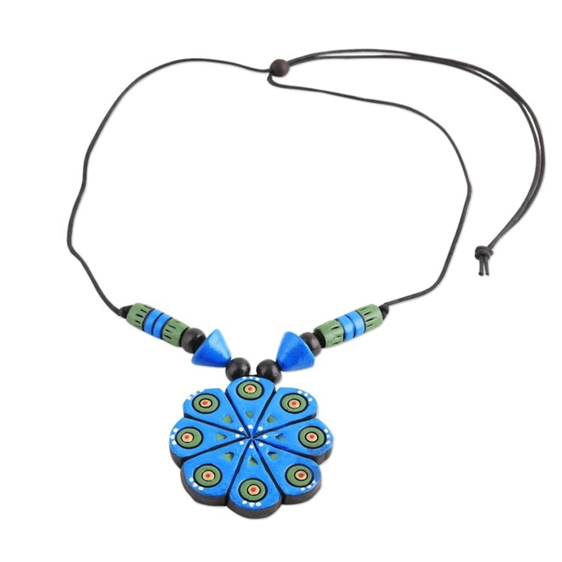 Hand Crafted Ceramic Pendant Necklace from India 'Blue Floral Abstraction'