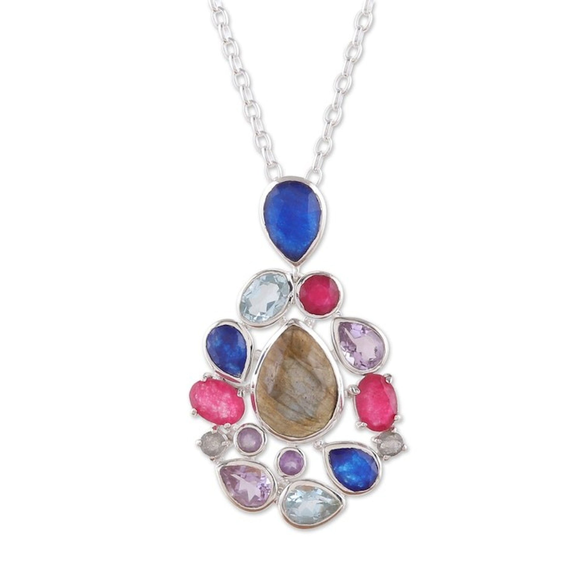 Labradorite Quartz Amethyst and Blue Topaz Pendant Necklace 'Blissful Glam'