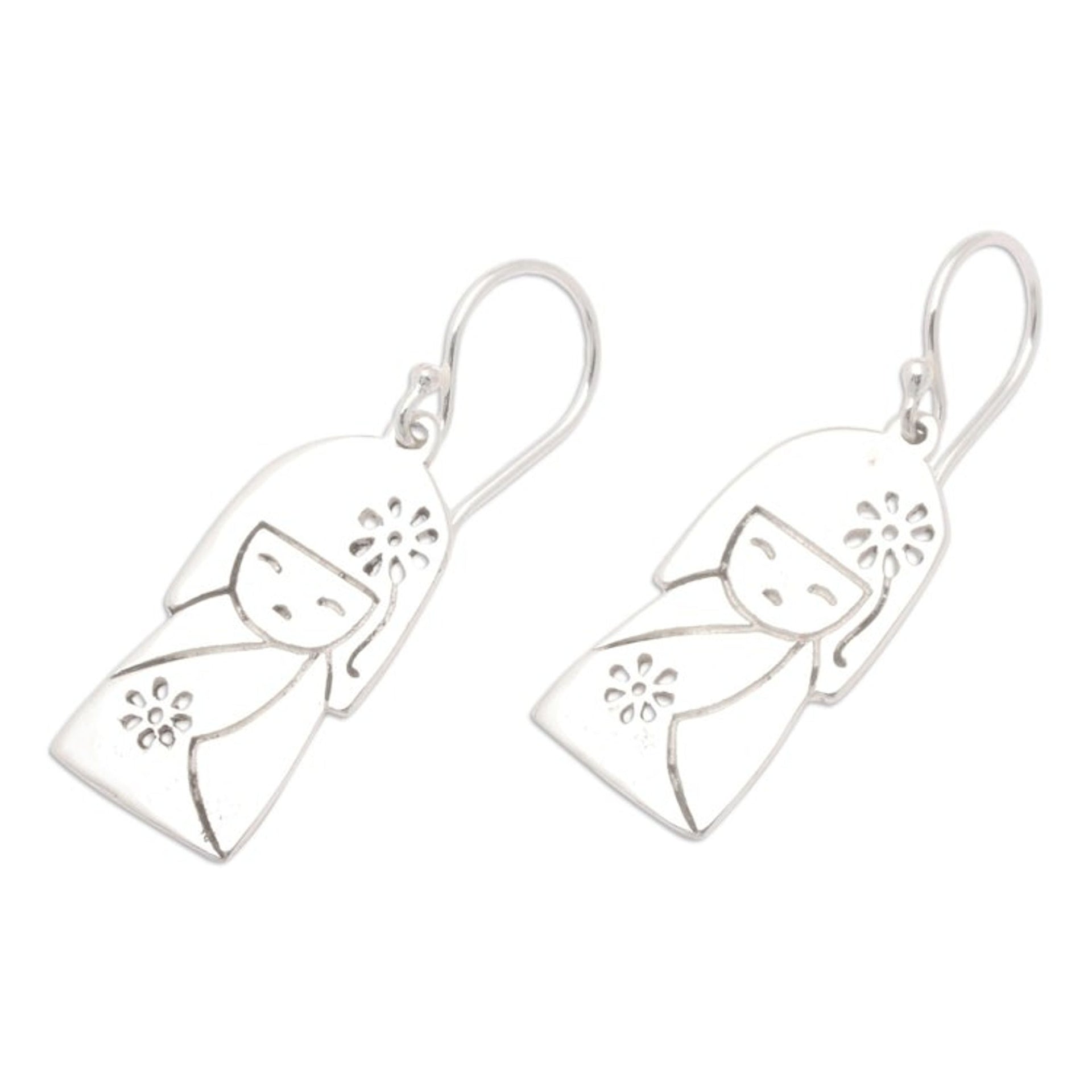 Jizo Girl-Themed Sterling Silver Dangle Earrings from Bali 'Jizo Spirit'
