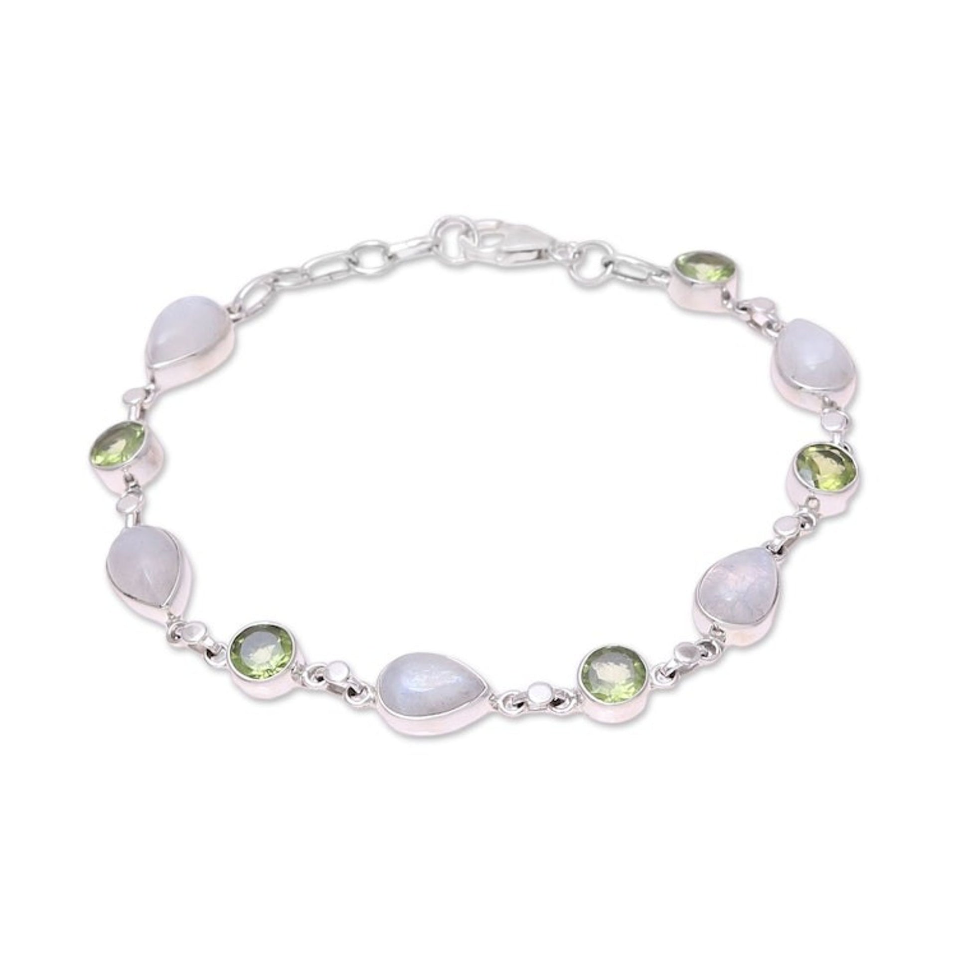 Sterling Silver Rainbow Moonstone and Peridot Link Bracelet 'Misty Forest'