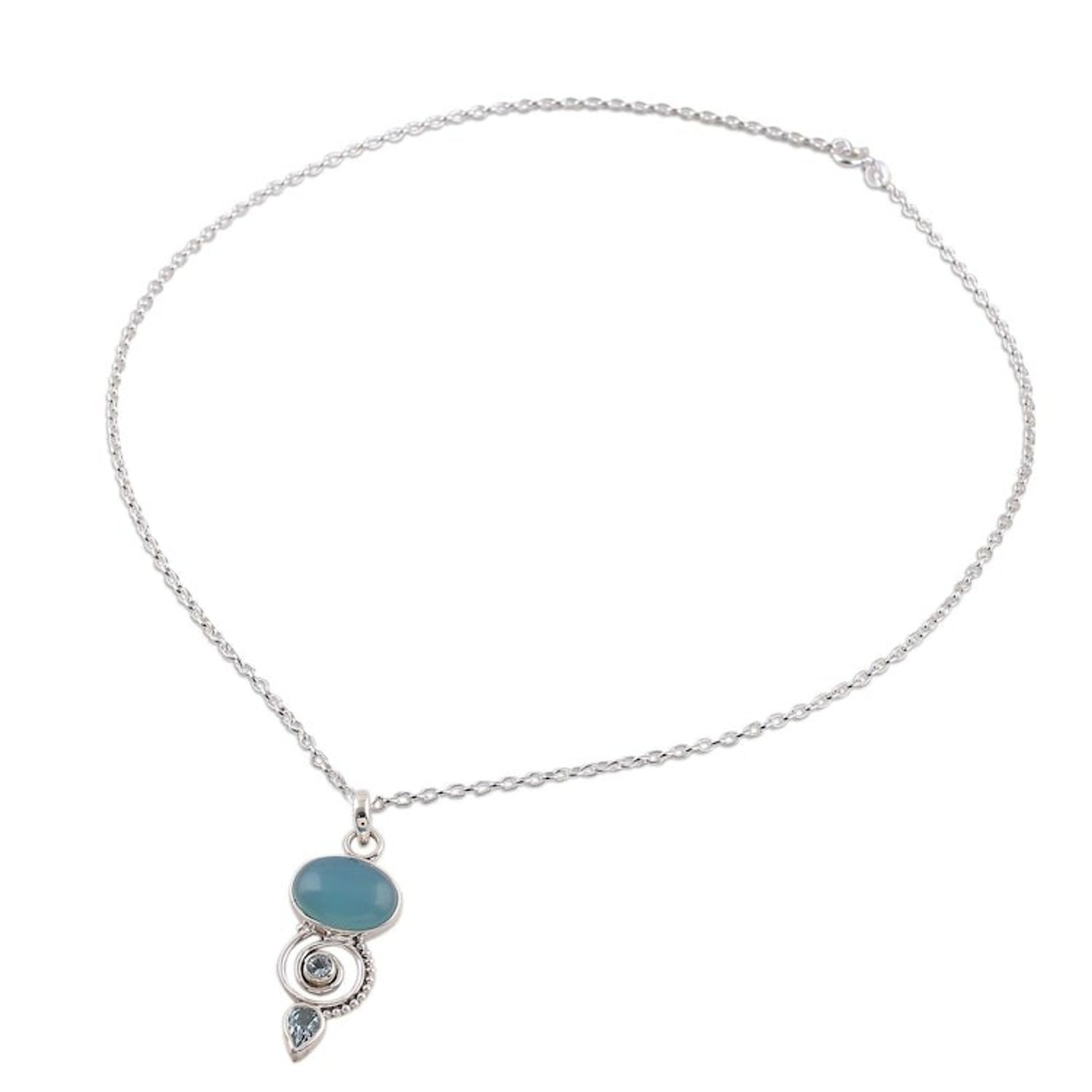 Blue Topaz and Chalcedony Pendant Necklace from India 'Sentimental Journey'