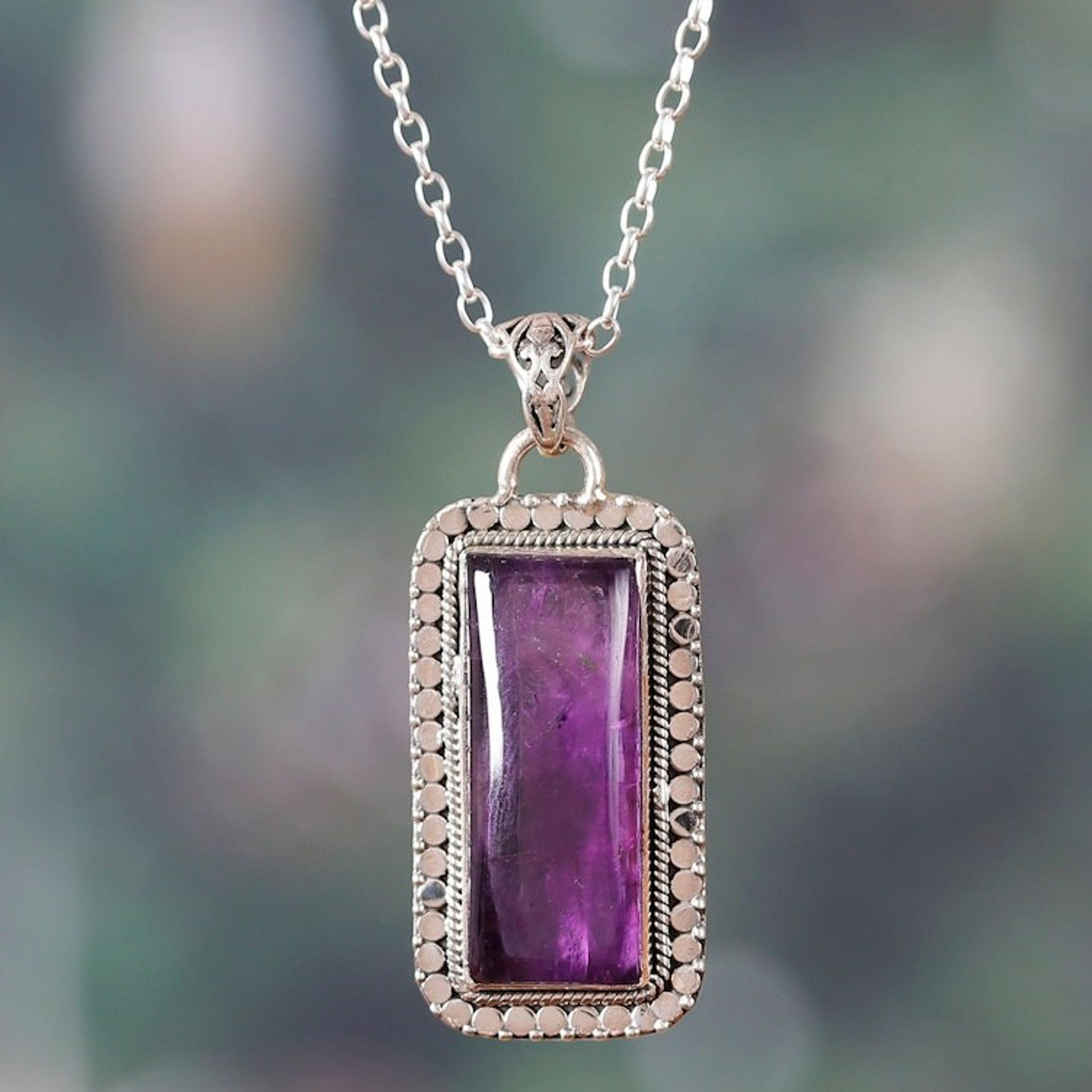 Sterling Silver and Rectangular Amethyst Pendant Necklace 'Purple Incantation'