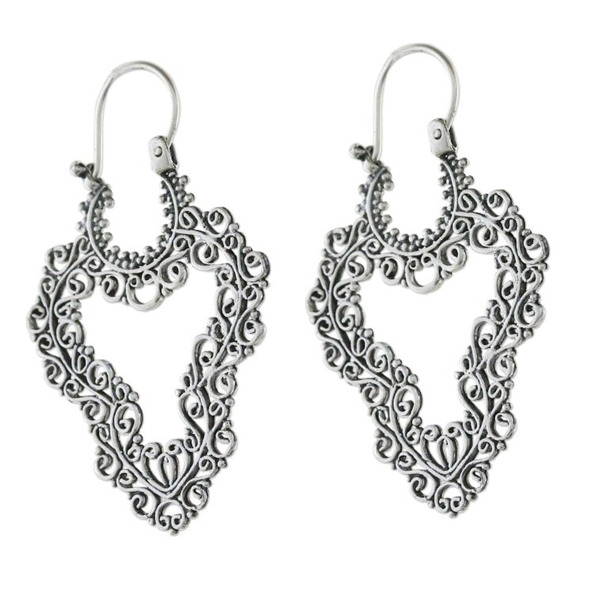 Handcrafted Sterling Silver Scrollwork Heart Hoop Earrings 'Exquisite Heart'