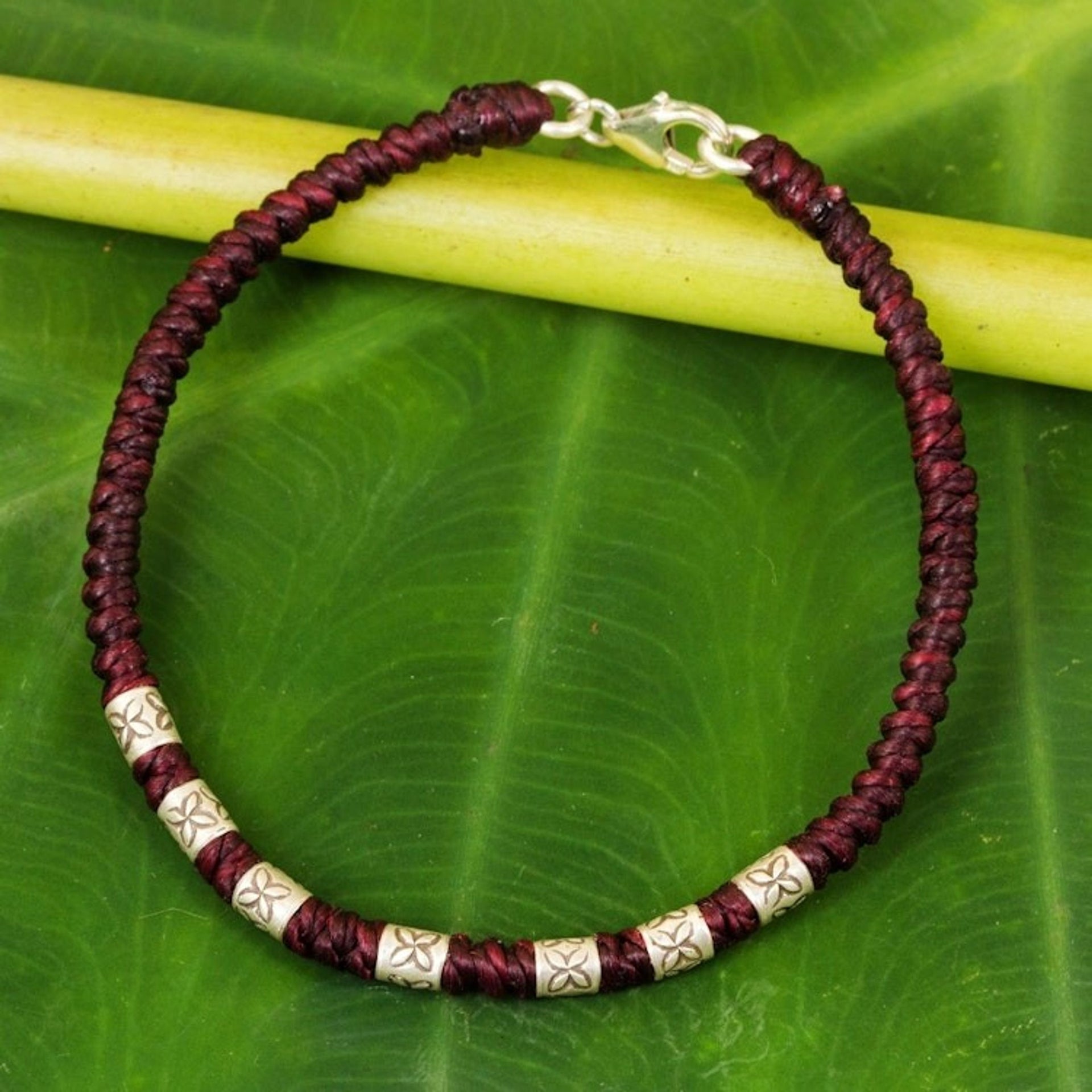 950 Silver Accent Wristband Bracelet from Thailand 'Happy Flower in Maroon'