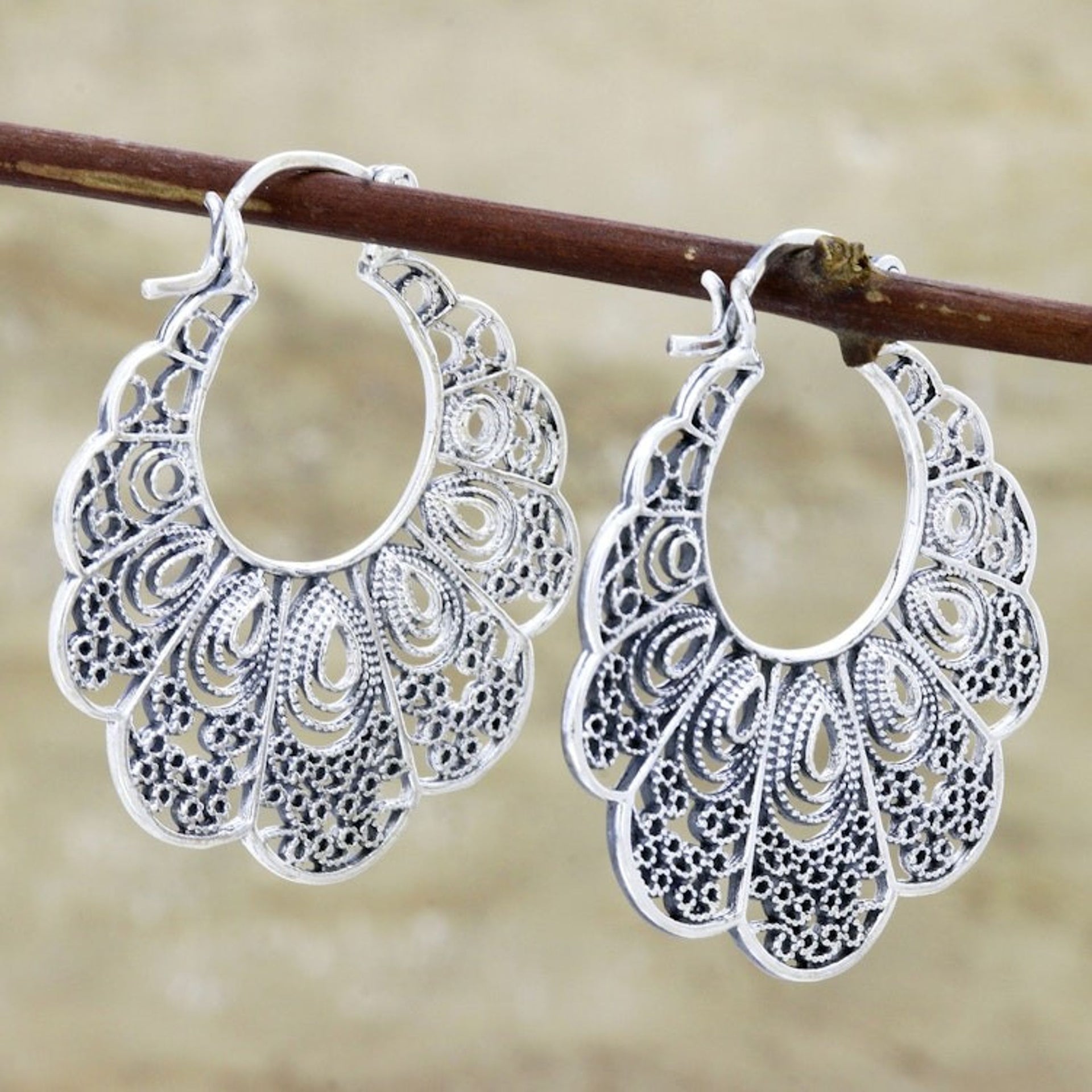 Lacy Filigree Sterling Silver Hoop Earrings 'Sweet Frills'