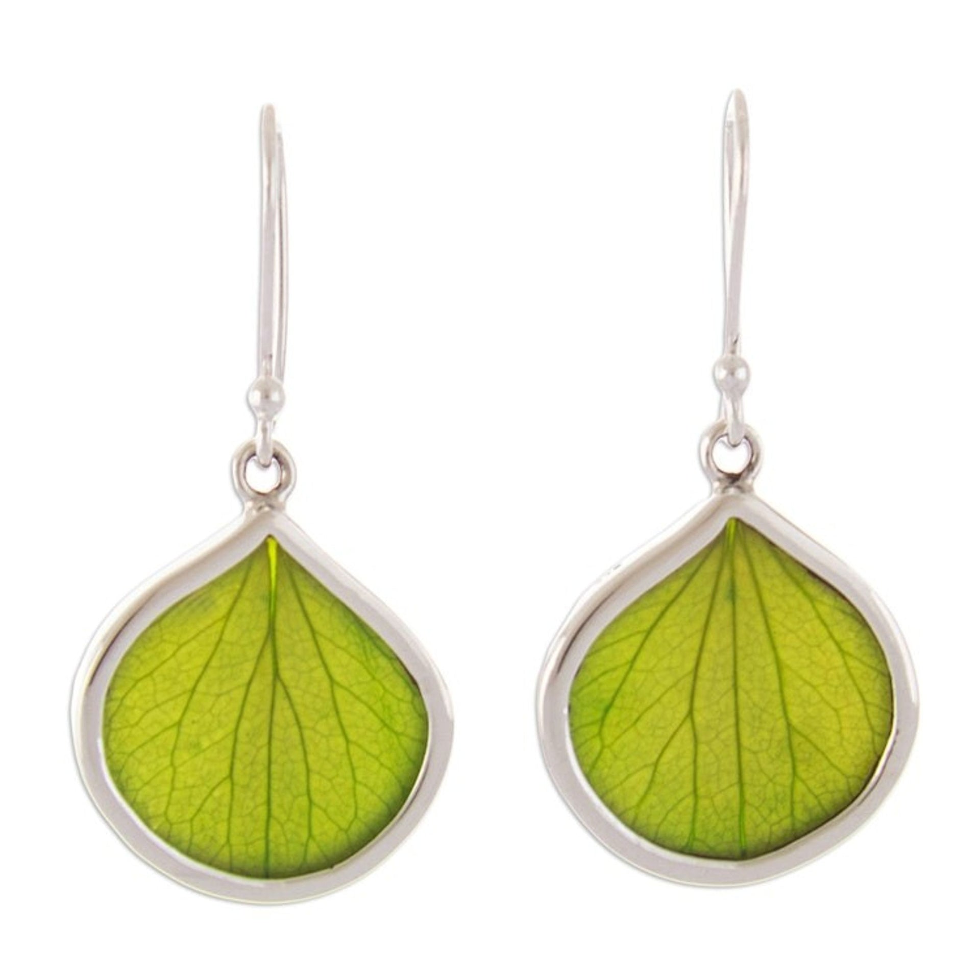 Sterling Silver and Green Leaf Dangle Earrings from Peru 'Spring Green Hydrangea'
