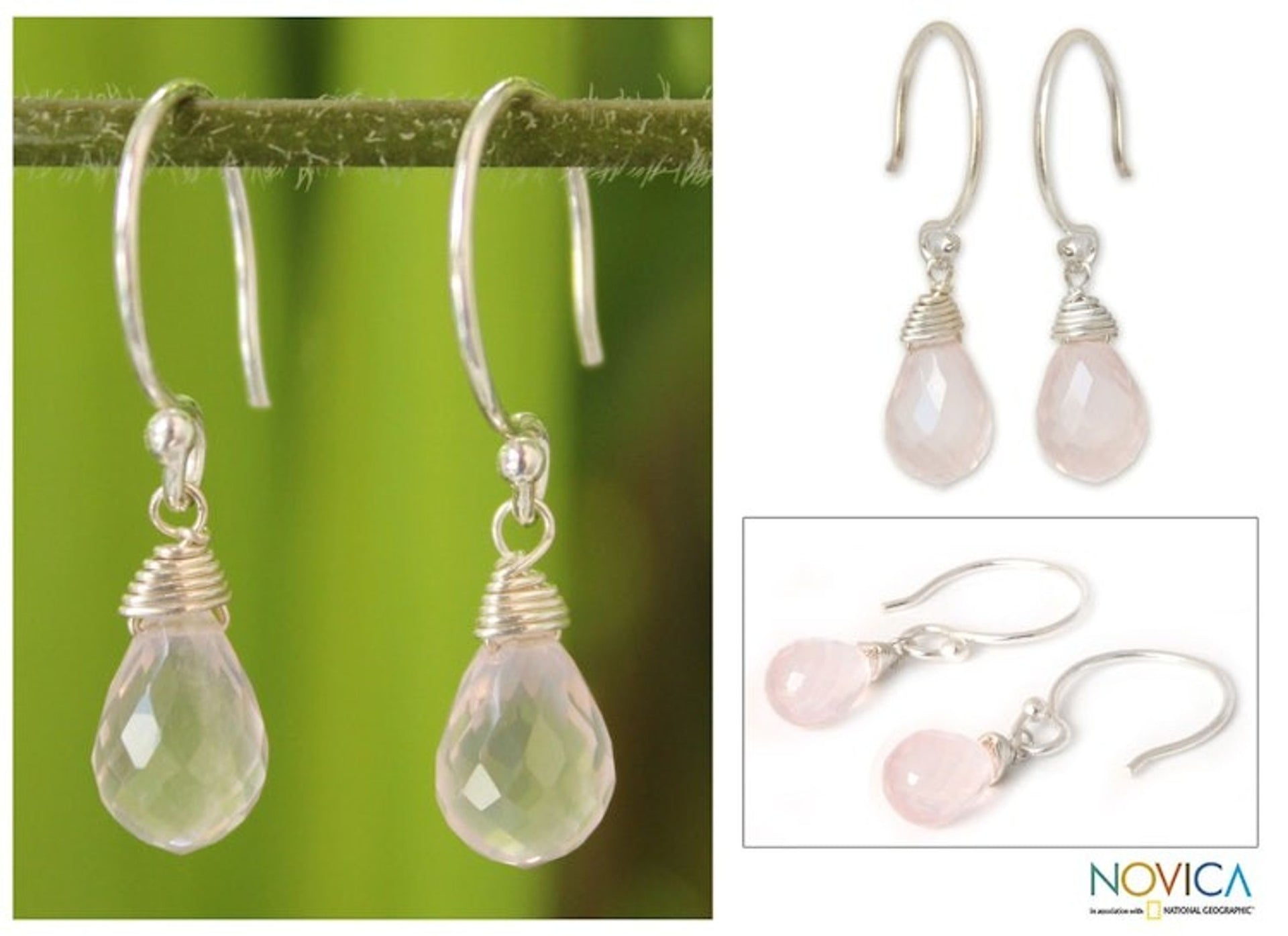 Hand Made Sterling Sivler and Rose Quartz Dangle Earrings 'Sparkling Dewdrop'