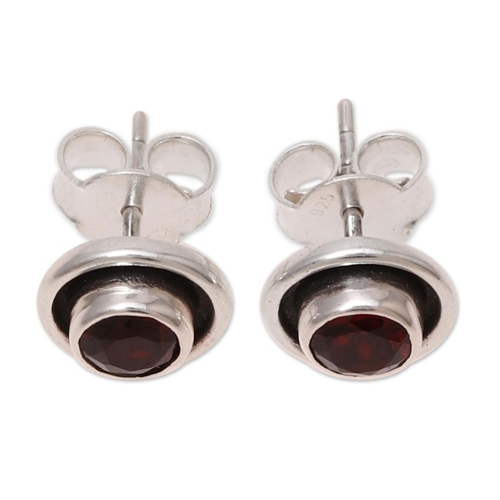 Circular Faceted Garnet Stud Earrings from India 'Framed Sparkle'