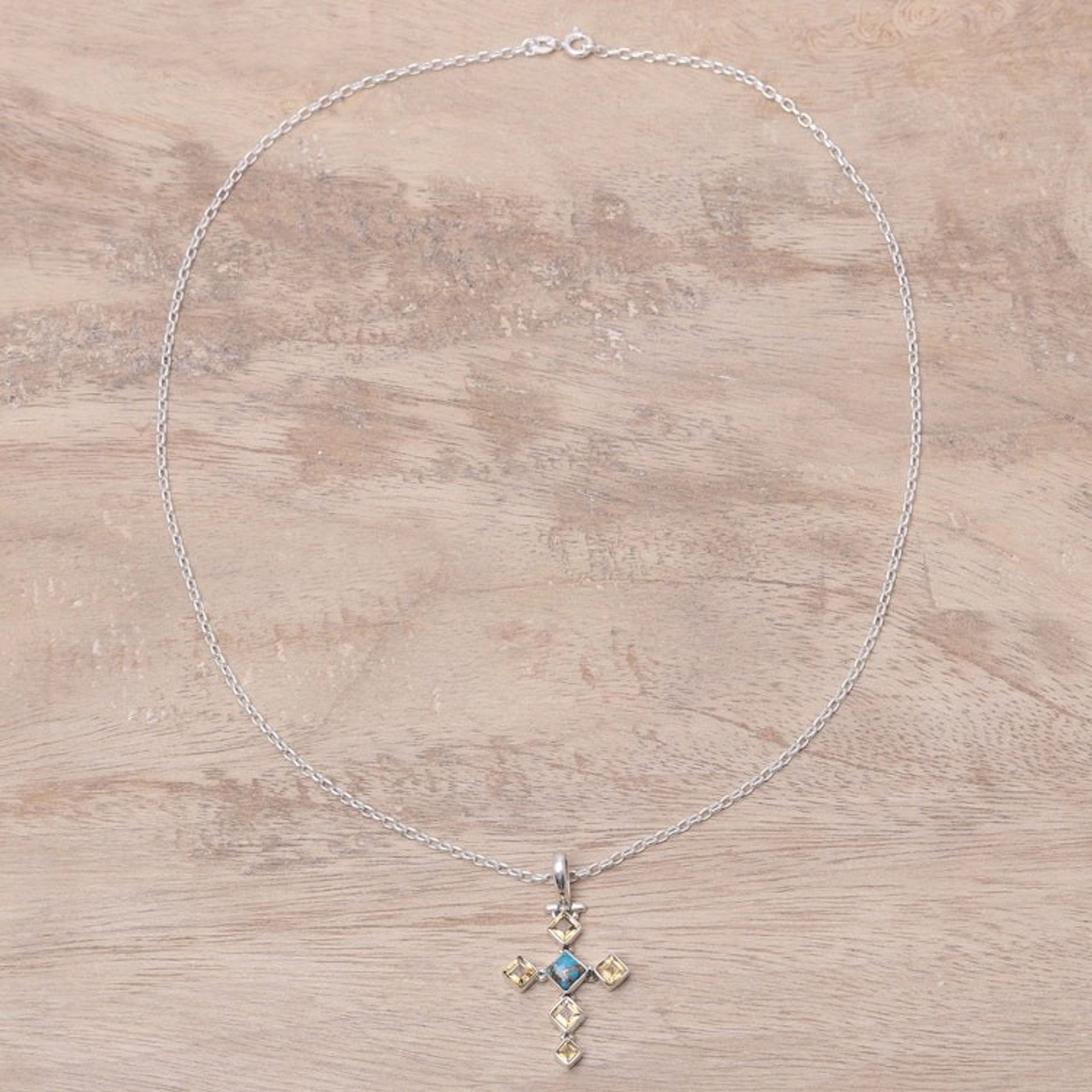 Citrine and Composite Turquoise Cross Pendant Necklace 'Sunny Cross'