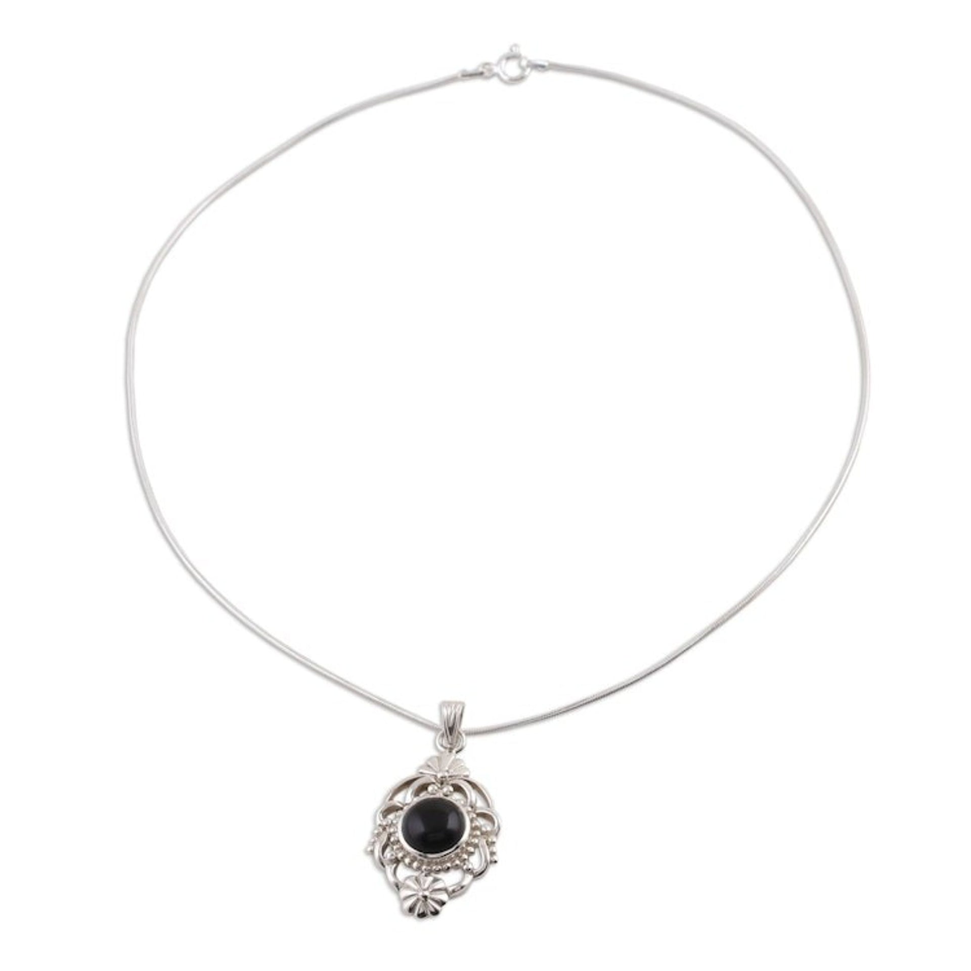 Hand Made Floral Sterling Silver and Onyx Necklace 'Baroque Blossom'