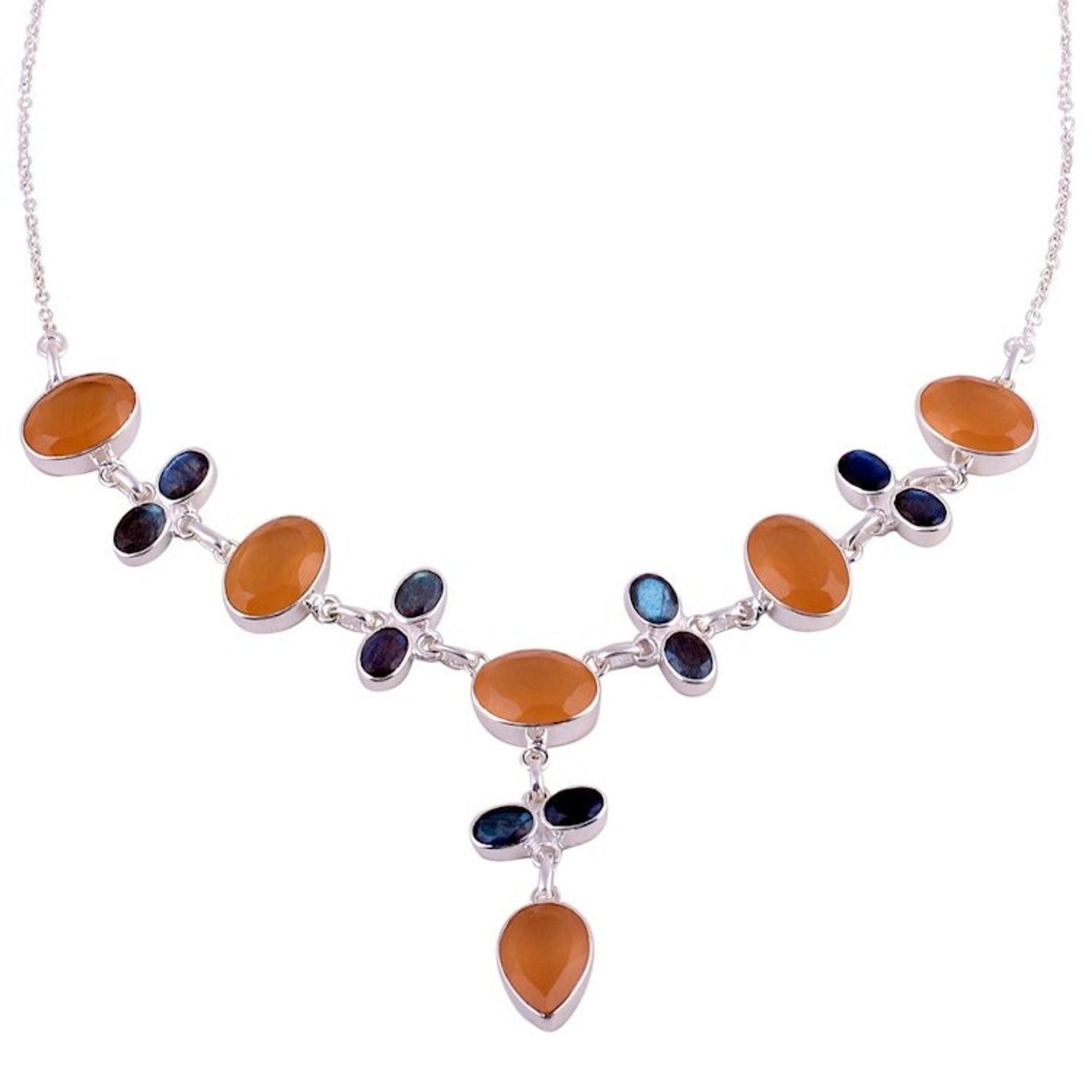 Orange Onyx and Labradorite Sterling Silver Y-Necklace 'Evening Serenity'