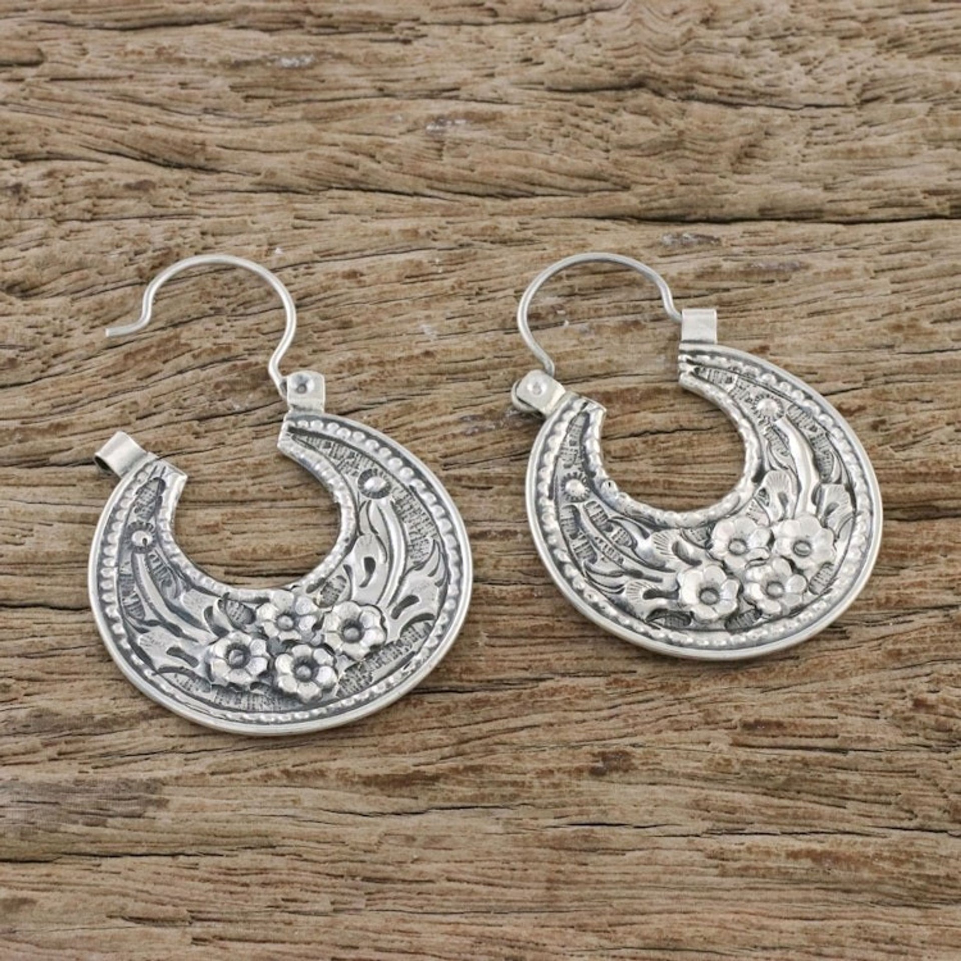 Floral Sterling Silver Hoop Earrings from Thailand 'Lanna Flower'