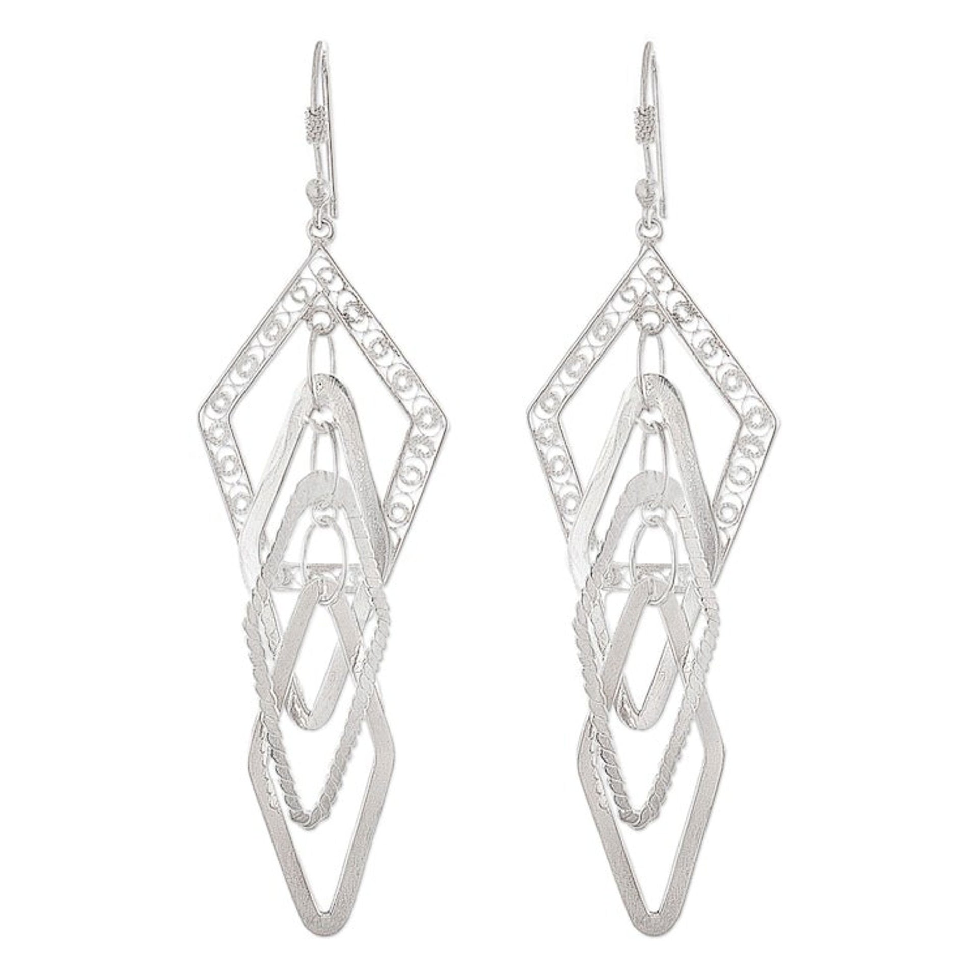 Sterling Silver Dangle Earrings Handcrafted in Peru 'Filigree Diamonds'