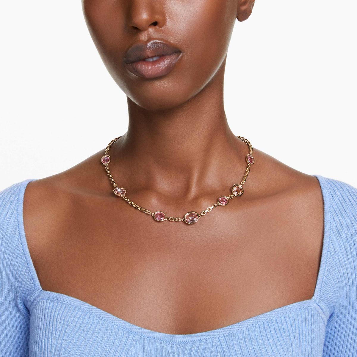 IMBER NECKLACE OCTAGON CUT PINK GOLD TONE PLATED