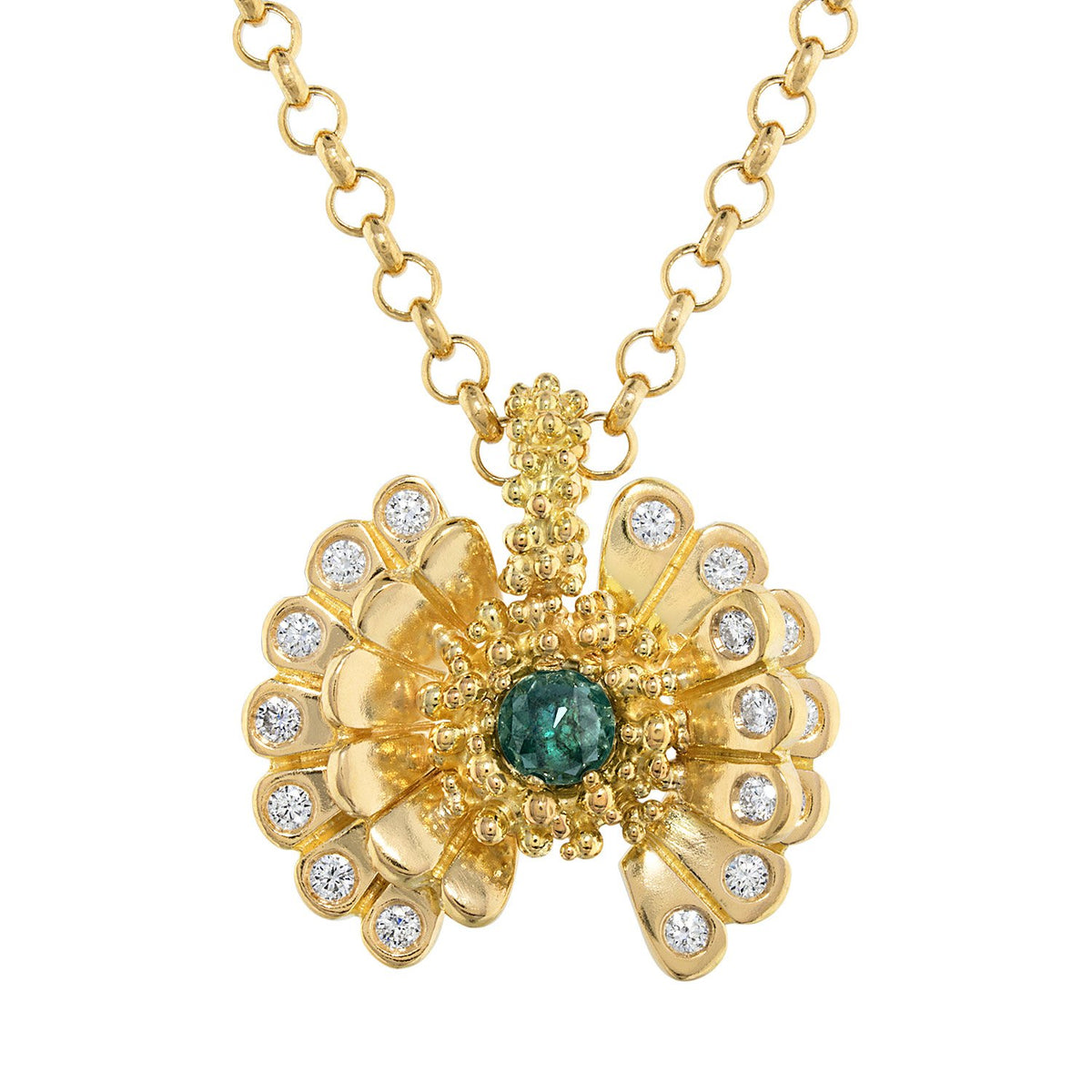 Peacock Sculptural 18K Gold Pendant Necklace with Green/Blue Diamond