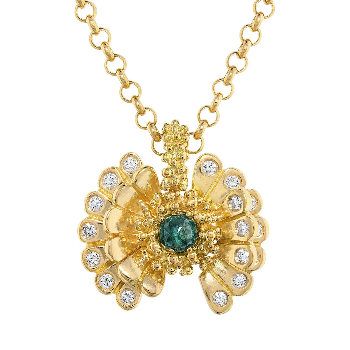 Peacock Sculptural 18K Gold Pendant Necklace with Green/Blue Diamond
