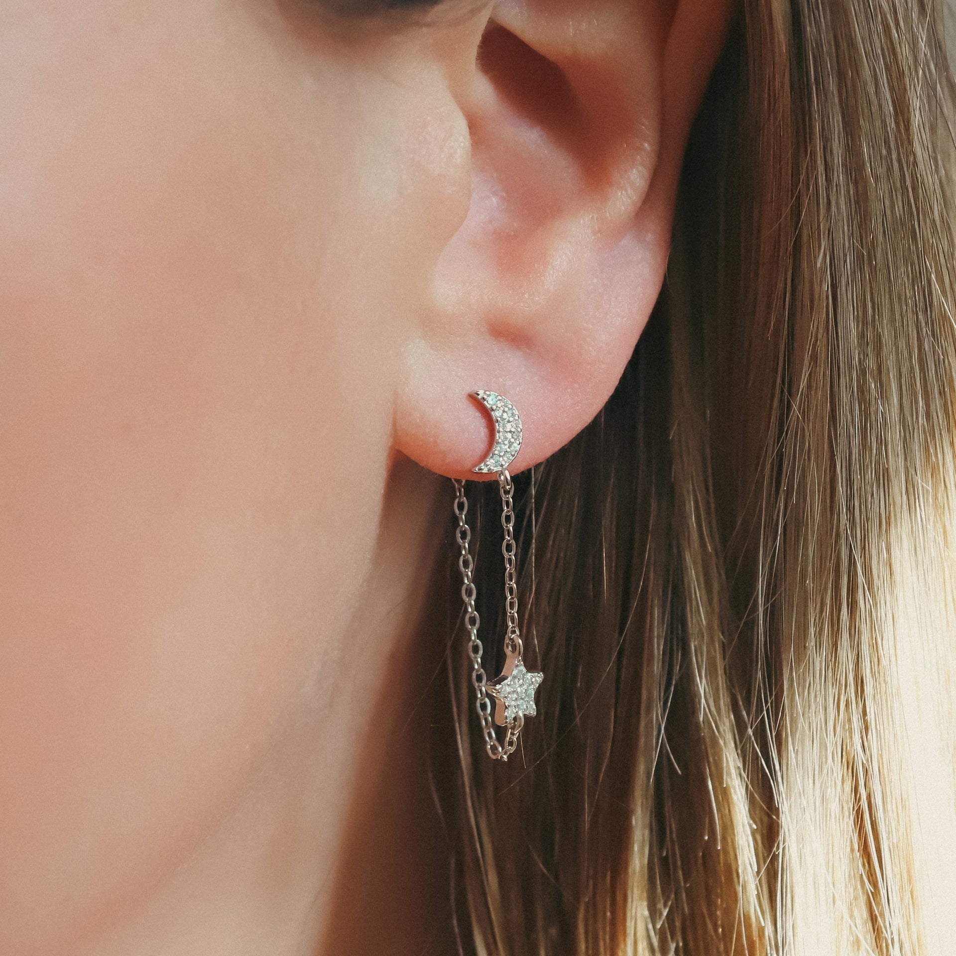 Imogen Moon & Star Drop Chain Earrings Sterling Silver