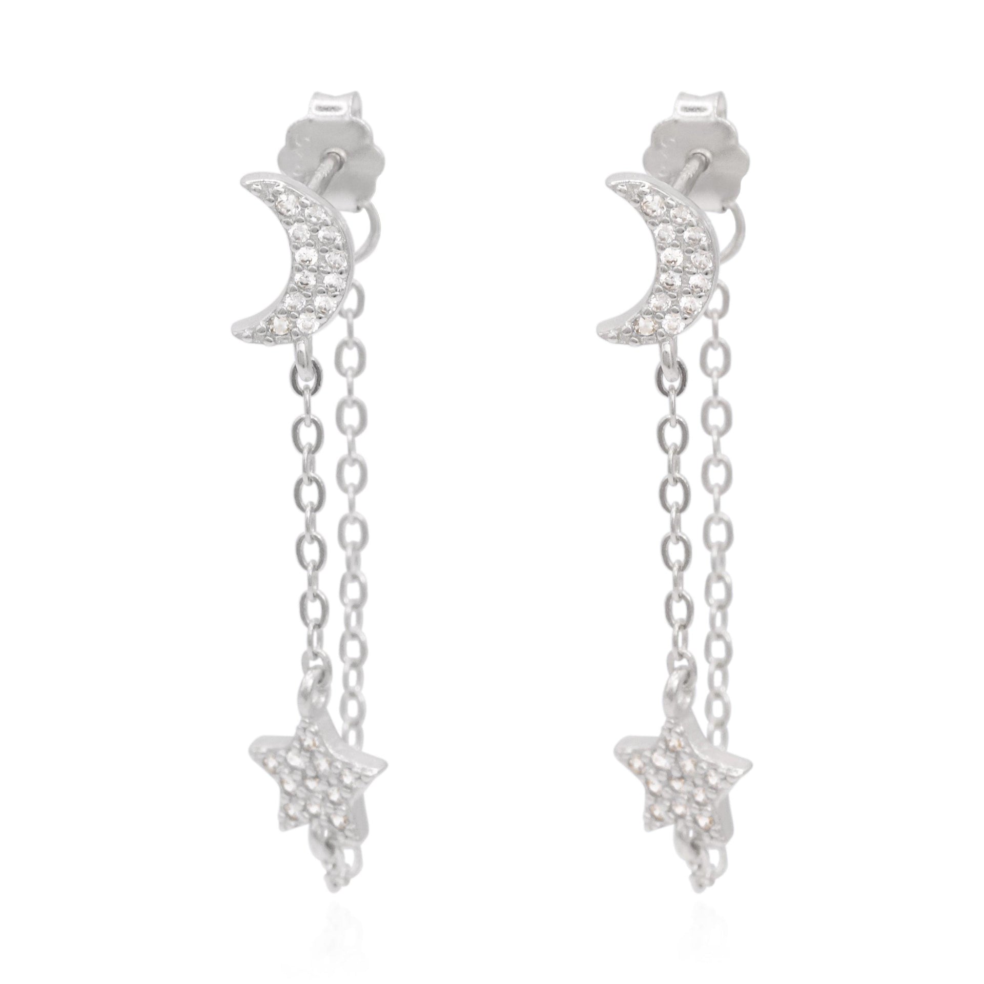Imogen Moon & Star Drop Chain Earrings Sterling Silver