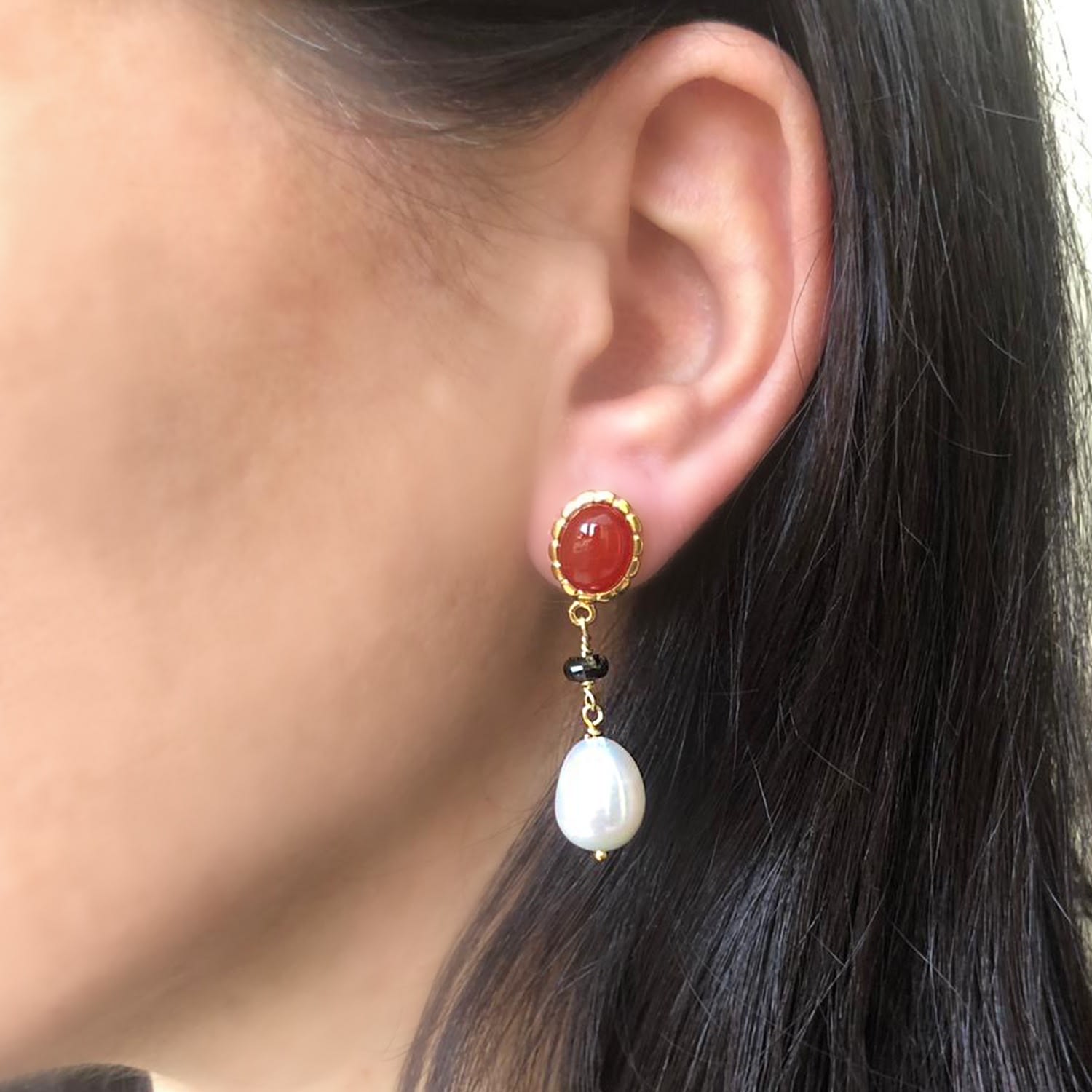 Carnelian, Onyx & Pearl Drop Earrings