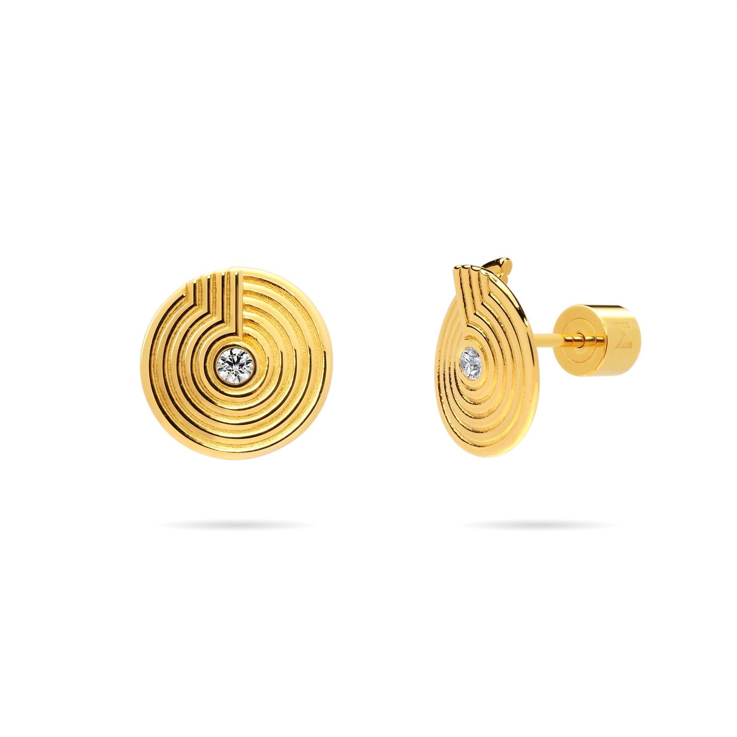 Open Twist Disc Stud Earrings With Engraved Circles And Cz - Gold