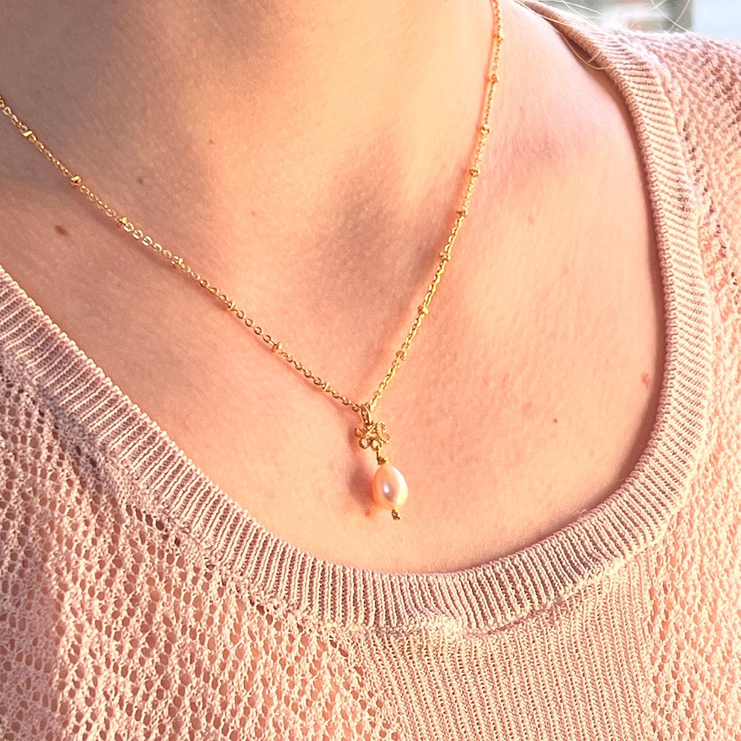 Infinity Freshwater Pearl Pendant On Short Satellite Chain