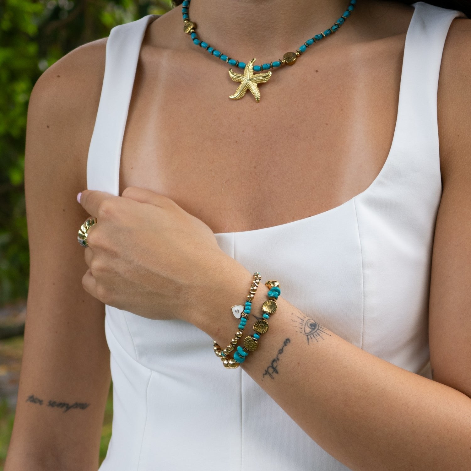 Inner Peace Turquoise & Heart Charm Gold Bracelet Set - Gold