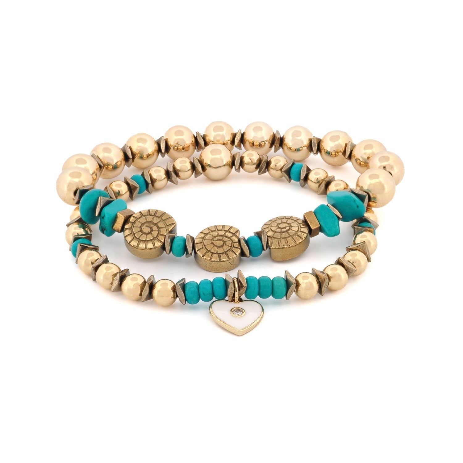 Inner Peace Turquoise & Heart Charm Gold Bracelet Set - Gold