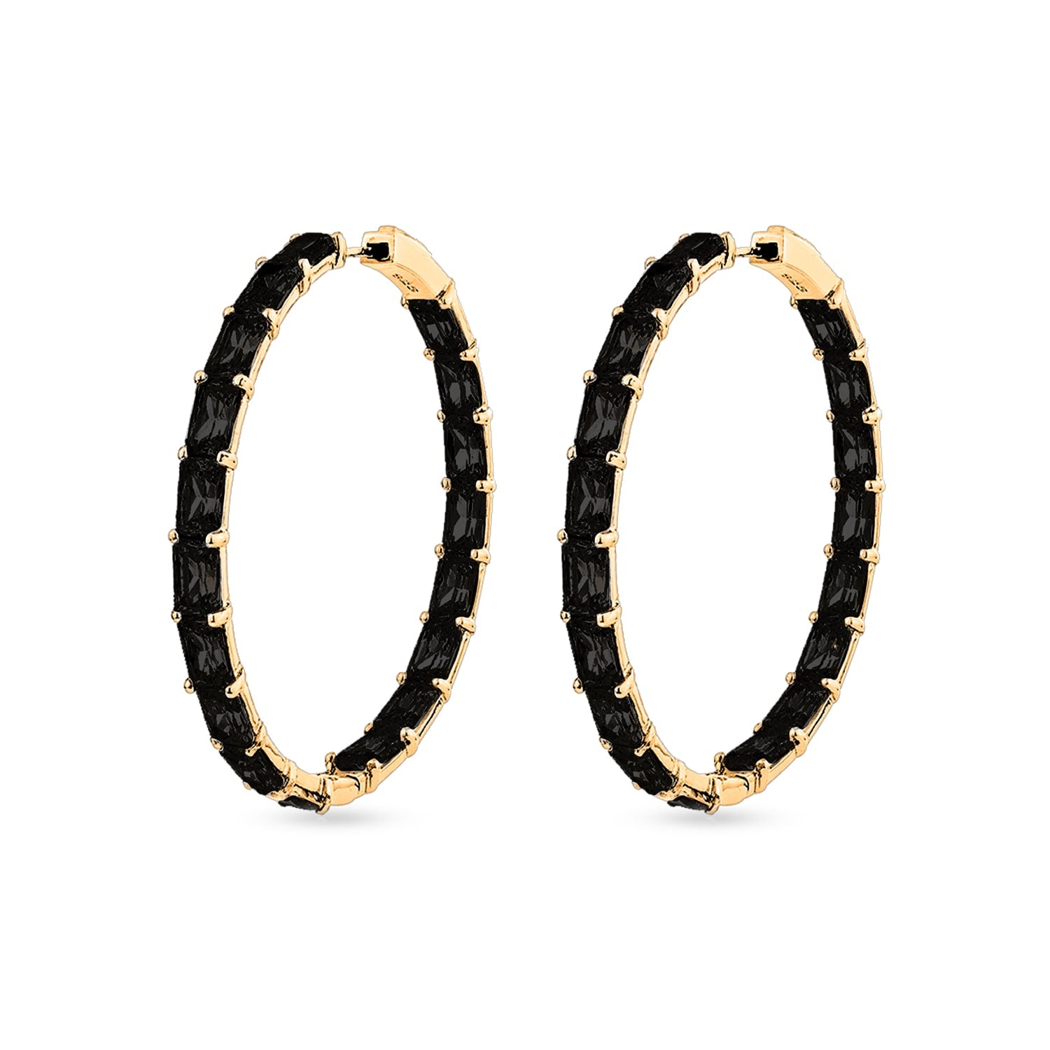 Inspired Hoop Earrings With Man Made Black Cz Diamond Stimulant In 18K Gold Vermeil