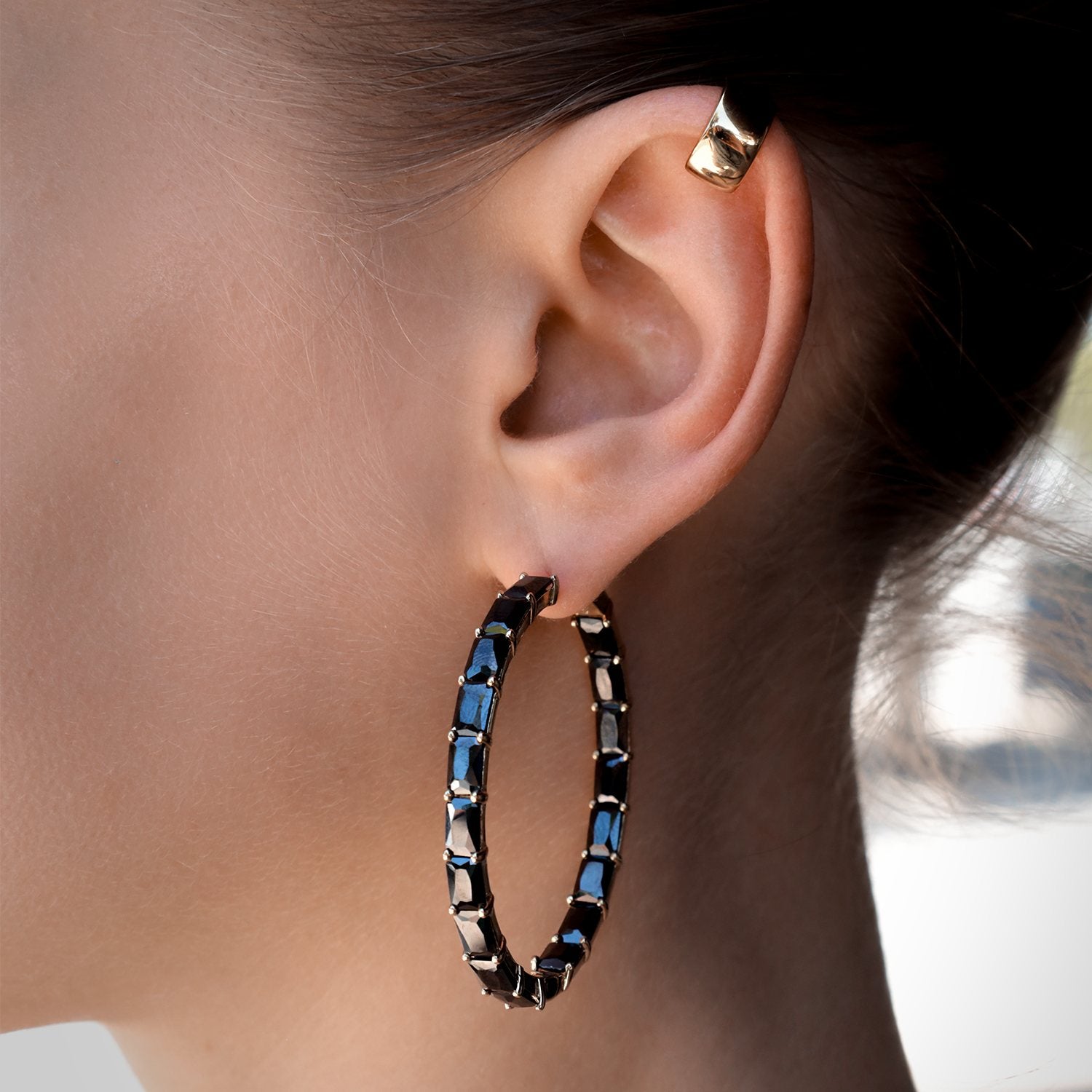 Inspired Hoop Earrings With Man Made Black Cz Diamond Stimulant In 18K Gold Vermeil