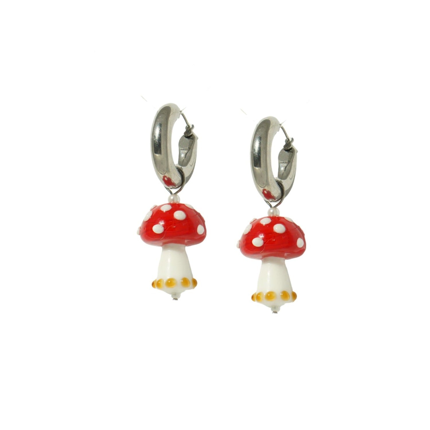 Into The Woods Glass Mushroom Charm Earrings With Silver Chunky Hoops