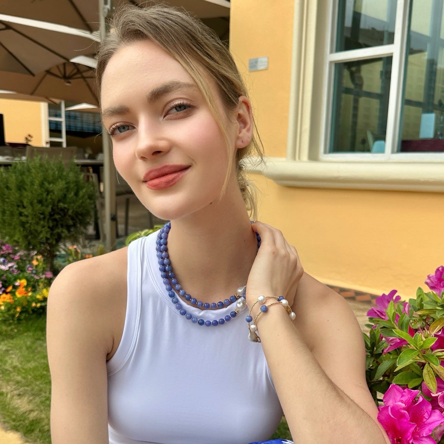 Versatile Blue Jade And Baroque Pearls Double Layer Bracelet