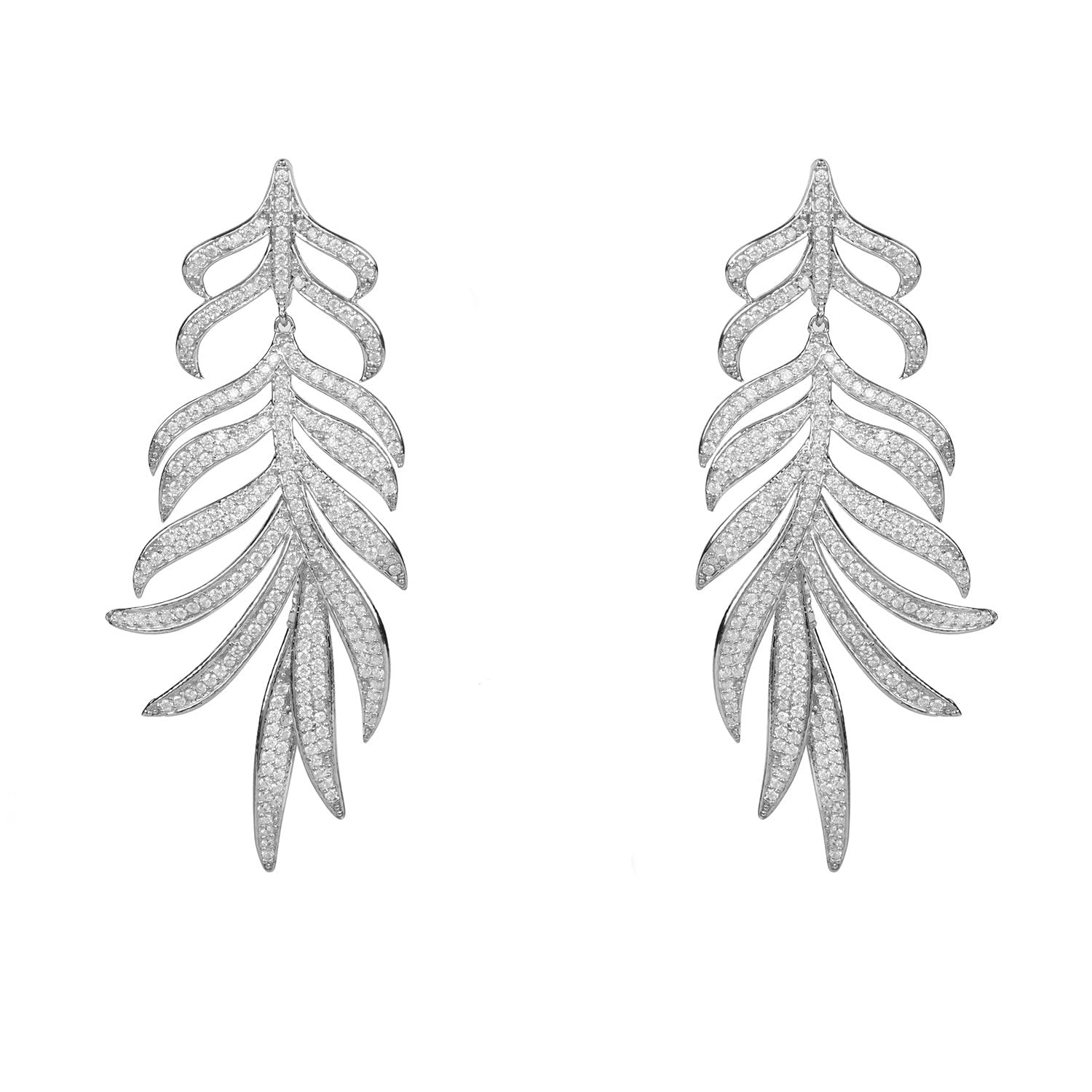 Feathered Leaf Statement Drop Earrings Silver