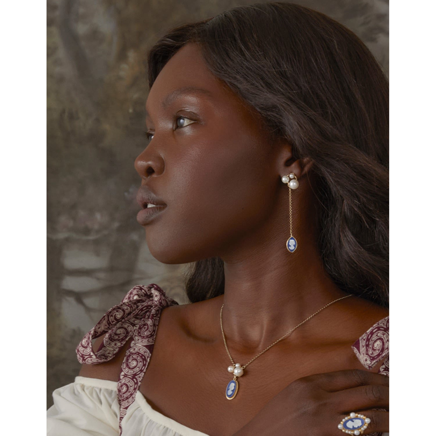 Lilith Gold-Plated Blue Cameo And Pearl Necklace