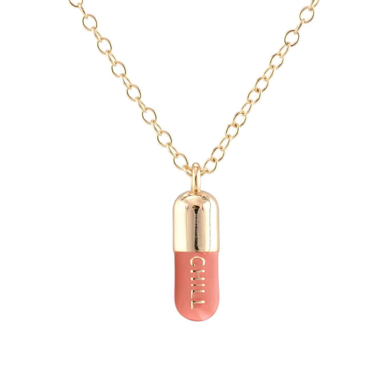 Chill Pill Enamel Necklace Gold Filled, Pink Sky