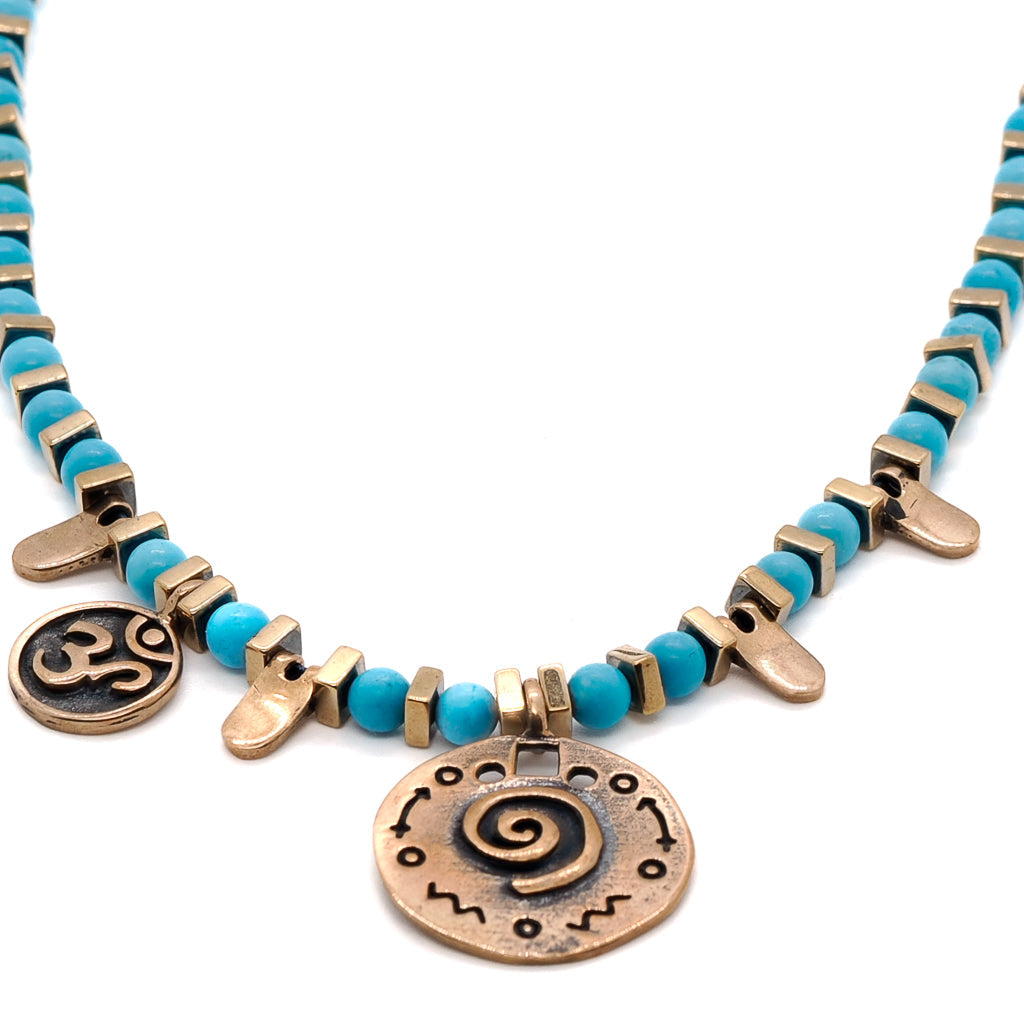 Om & Spiral Charm Turquoise Beaded Choker Necklace - Turquoise