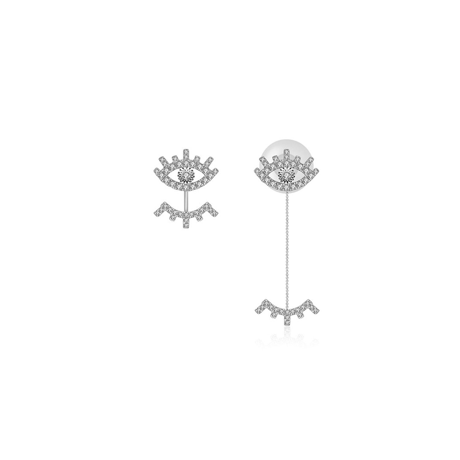 18K White Gold Evil Eye & Eyelash Diamond Chain Earring & Ear Jacket