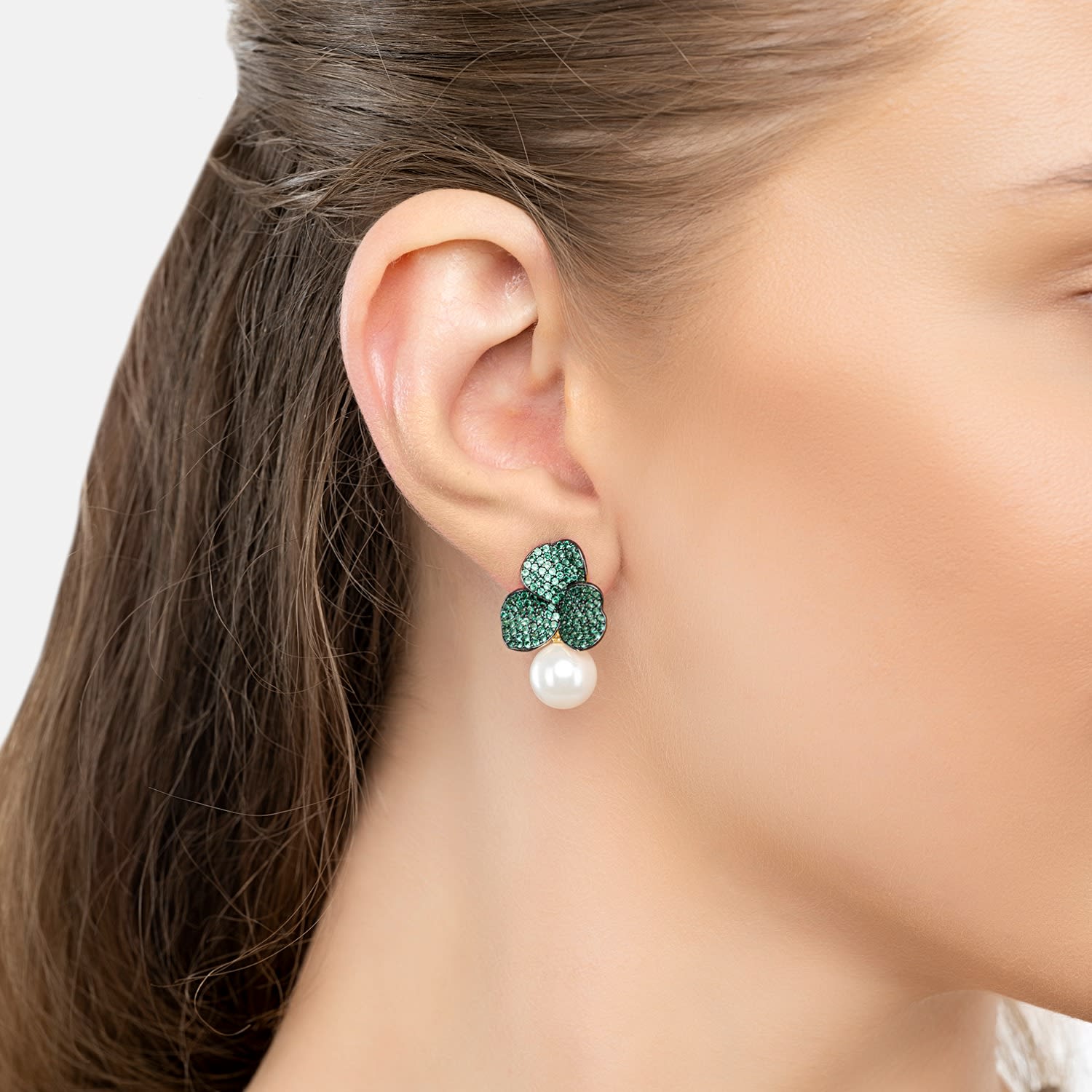 Iris Flower And Pearl Dangle Earrings Emerald Gold