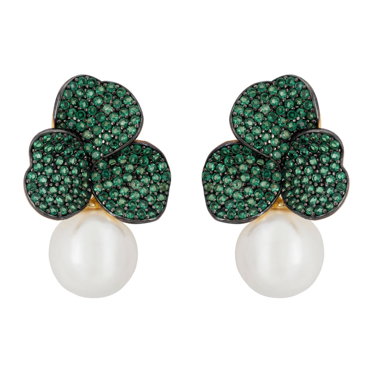 Iris Flower And Pearl Dangle Earrings Emerald Gold