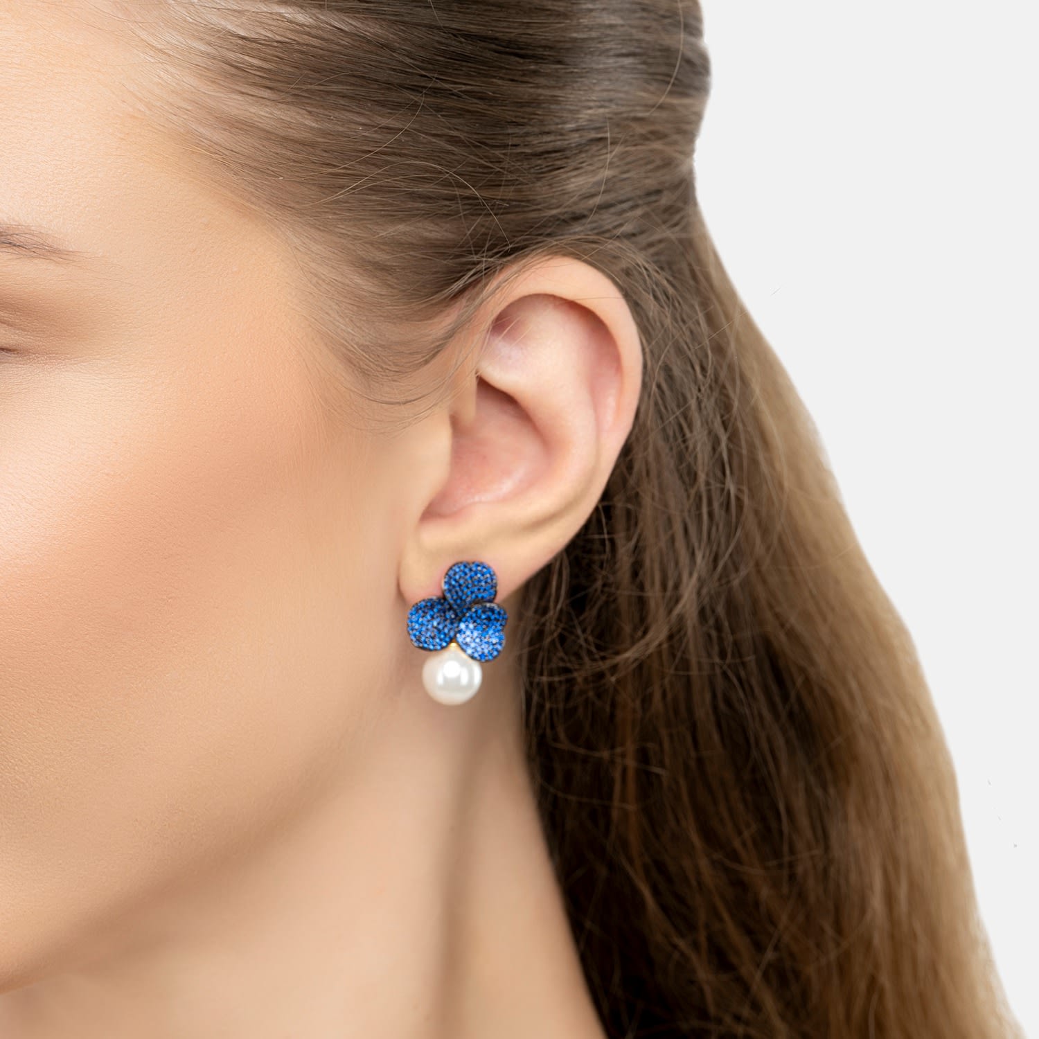 Iris Flower And Pearl Dangle Earrings Sapphire Gold